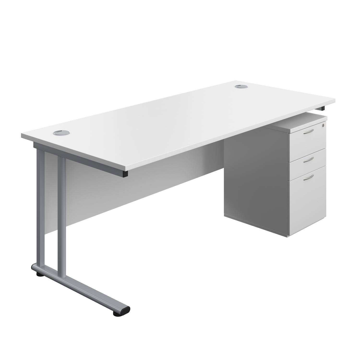 Twin Upright Rectangular Desk + High Mobile Pedestal 3 Drawer  1800X800 White/Silver