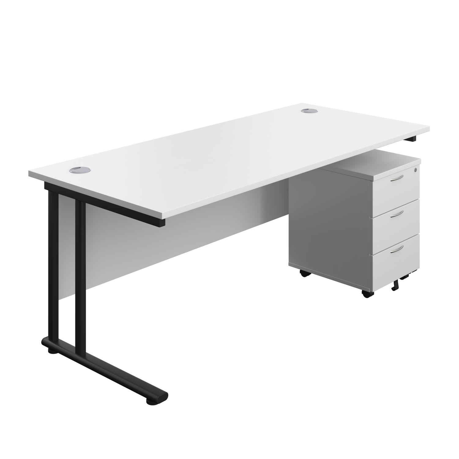 Twin Upright Rectangular Desk + Mobile 3 Drawer Pedestal  1800X800 White/Black