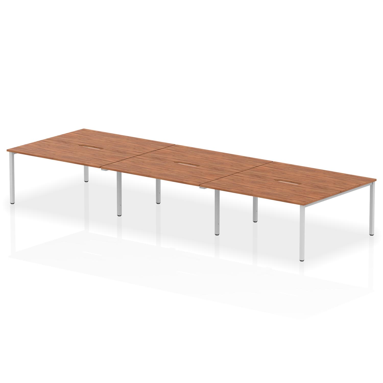 Evolve Plus 1600mm B2B 6 Person Office Bench Desk Walnut Top Silver Frame