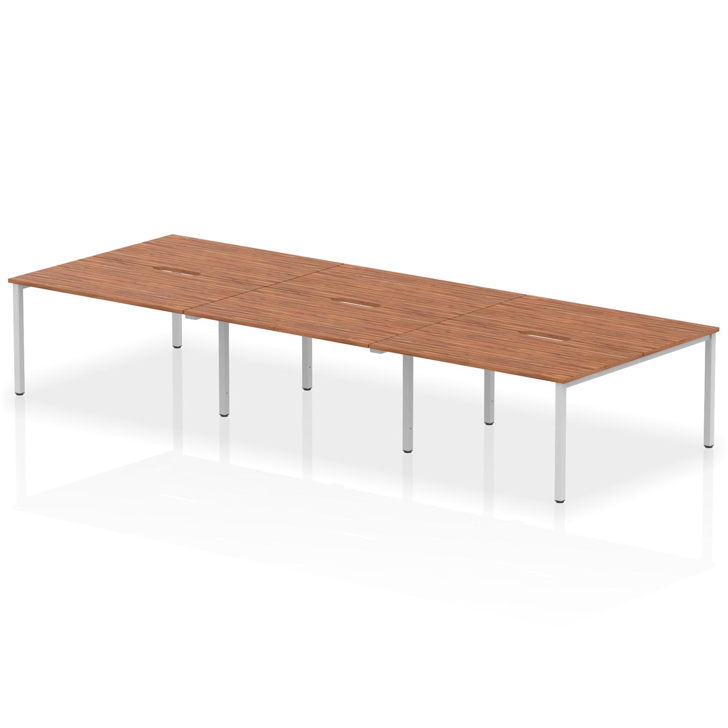 Evolve Plus 1400mm B2B 6 Person Office Bench Desk Walnut Top Silver Frame