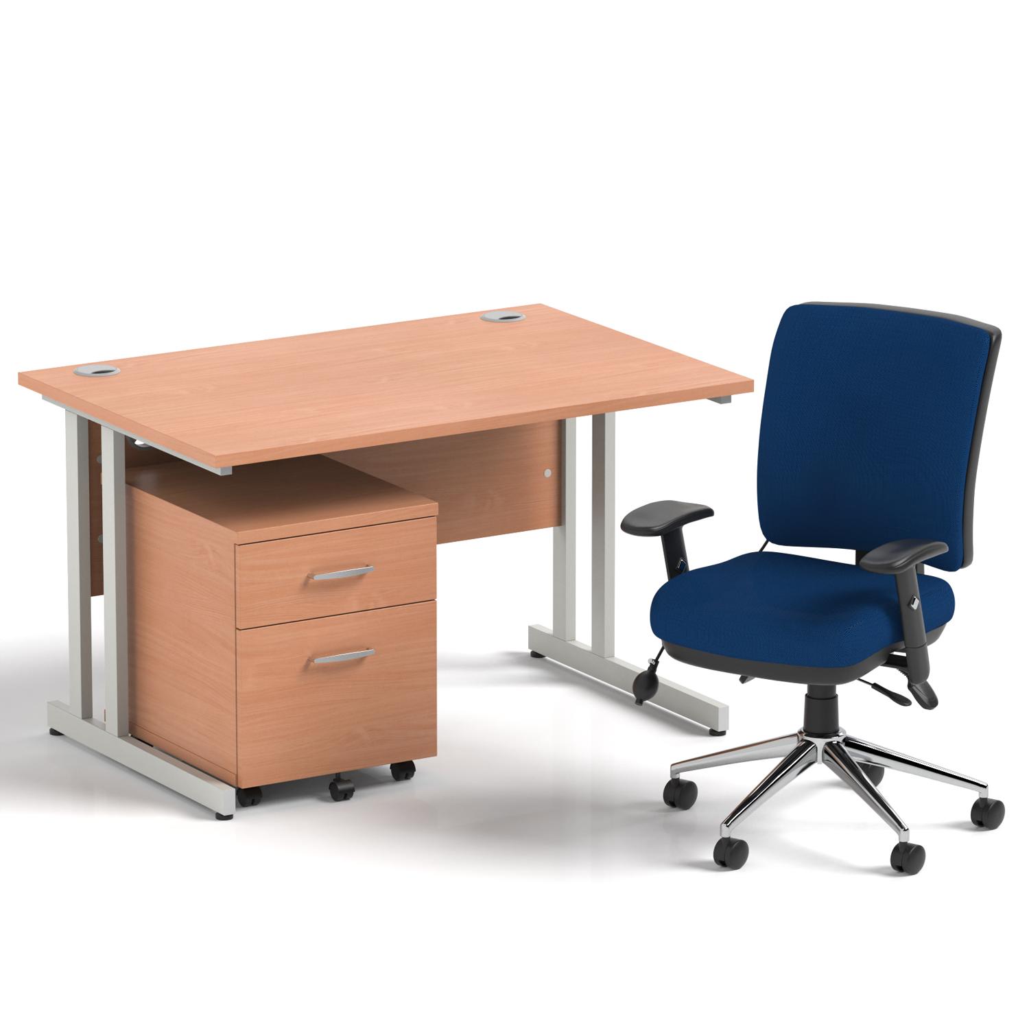 Impulse 1200mm Straight Office Desk Beech Top Silver Cantilever Leg with 2 Drawer Mobile Pedestal and Chiro Medium Back Blue Impulse 1200mm Straight Office Desk Beech Top Silver Cantilever Leg with 2 Drawer Mobile Pedestal and Chiro Medium Back Blue