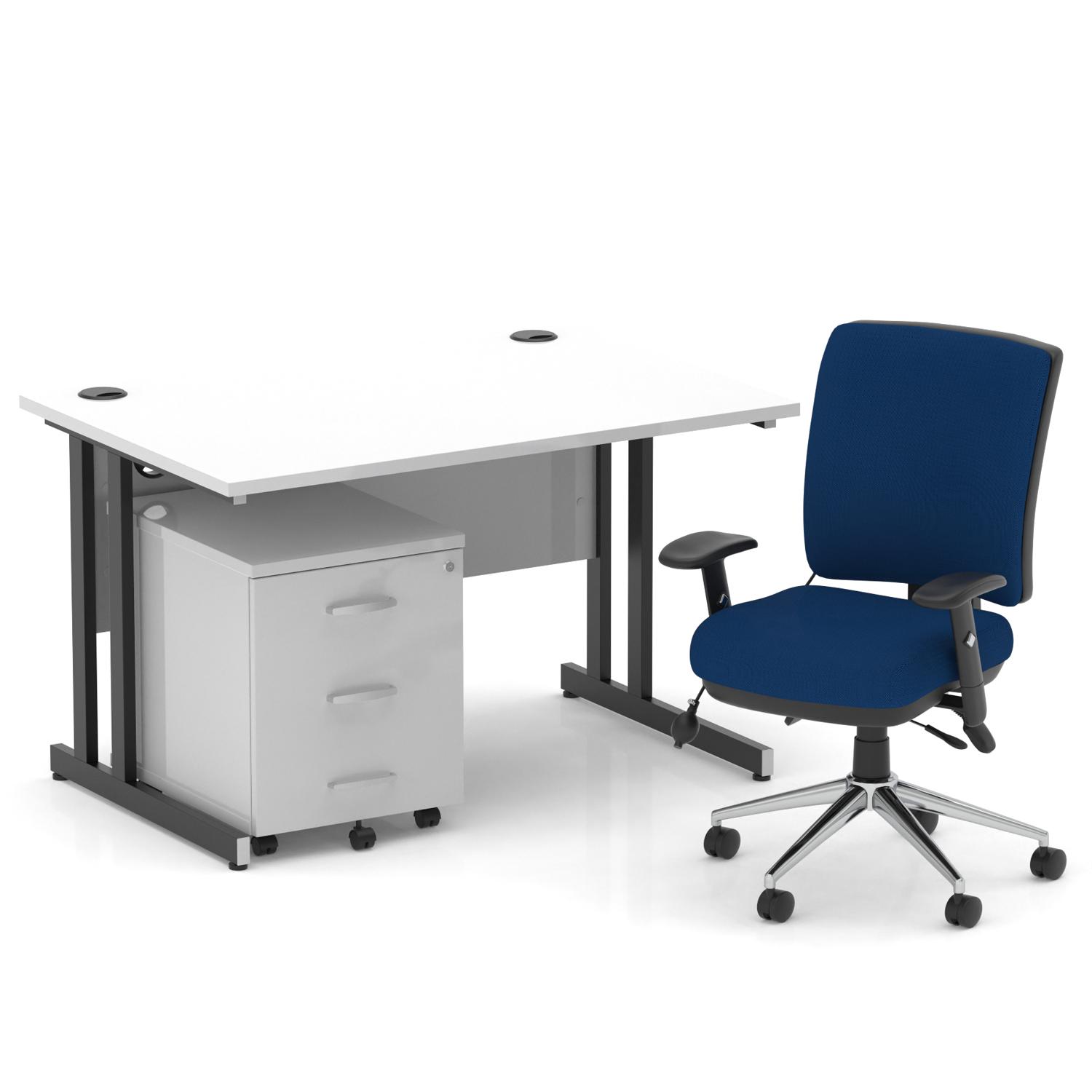 Impulse 1200mm Straight Office Desk White Top Black Cantilever Leg with 3 Drawer Mobile Pedestal and Chiro Medium Back Blue