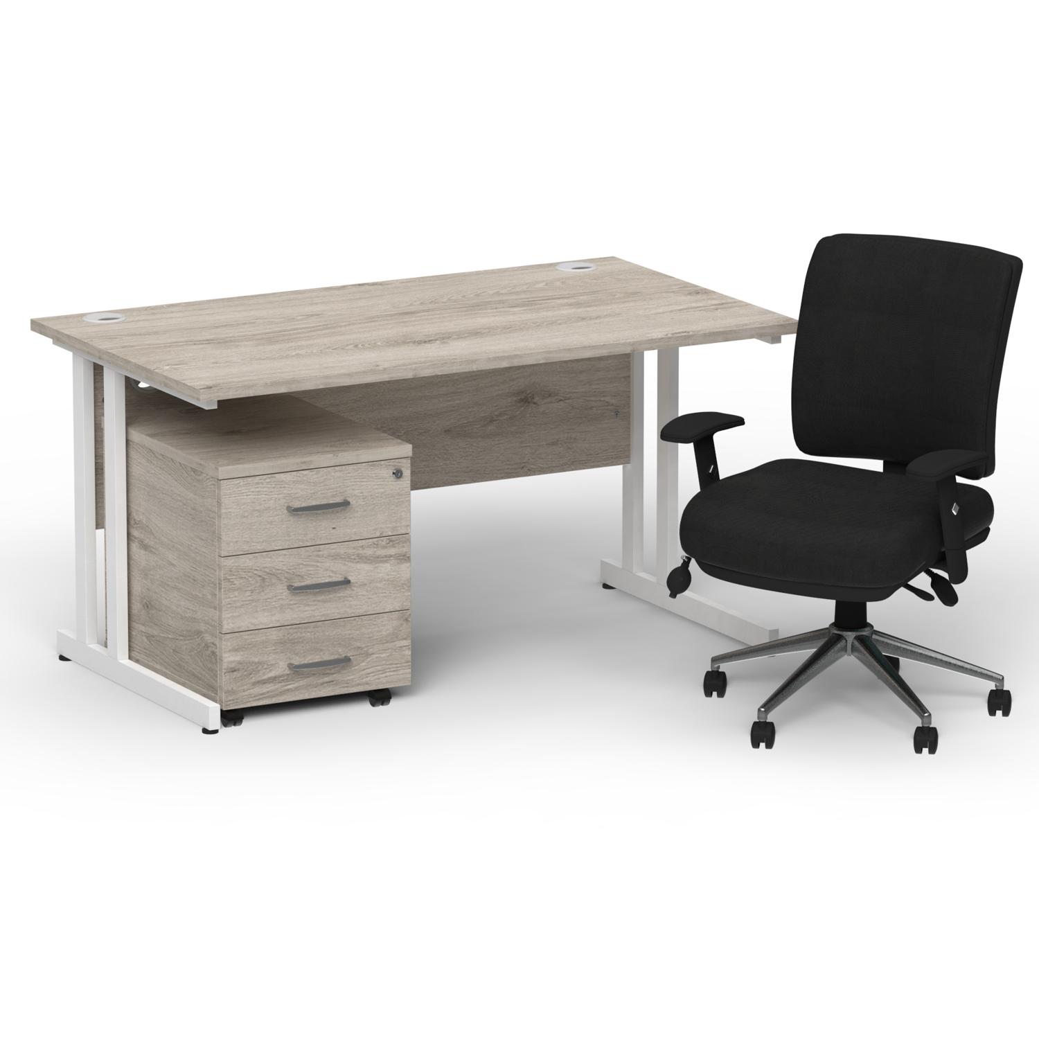 Impulse 1400mm Straight Office Desk Grey Oak Top White Cantilever Leg with 3 Drawer Mobile Pedestal and Chiro Medium Back Black