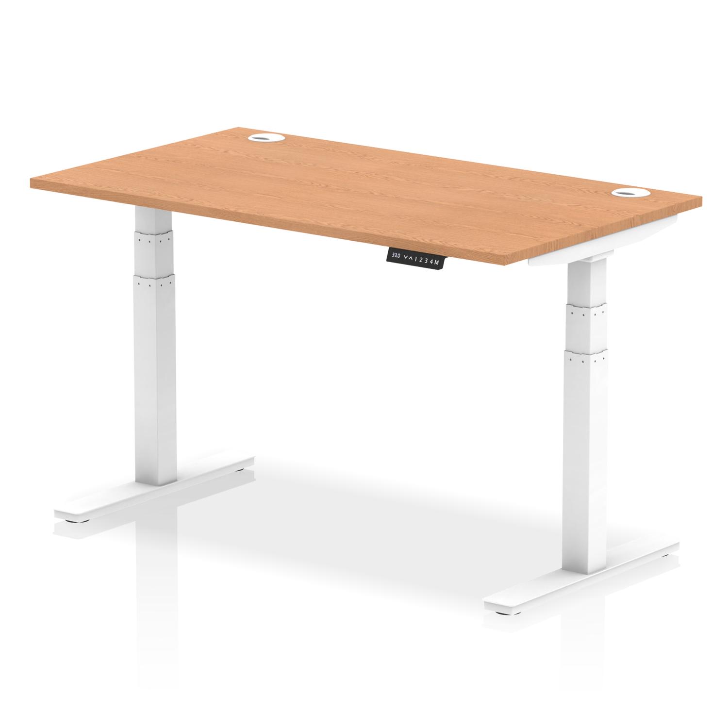 Air 1400 x 800mm Height Adjustable Office Desk Oak Top Cable Ports White Leg