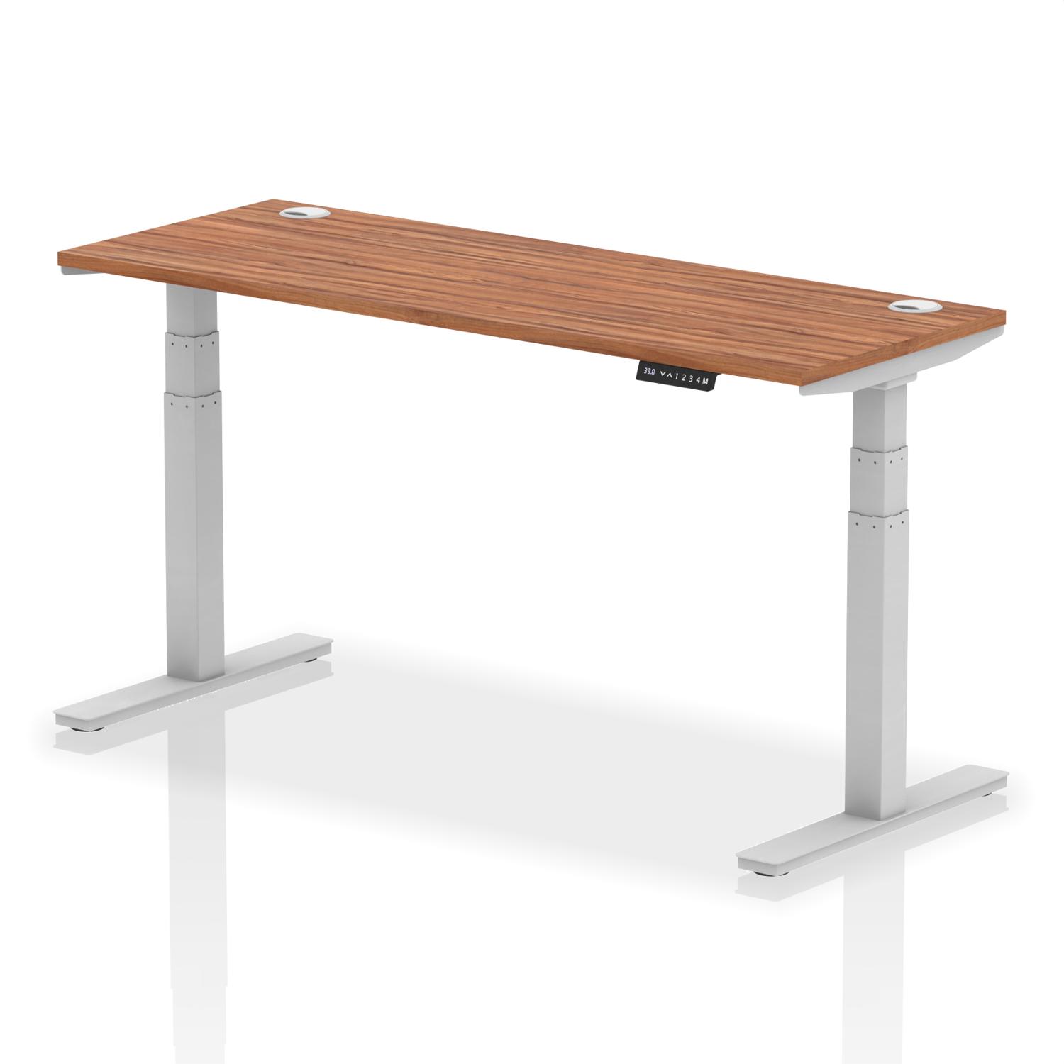 Air 1600 x 600mm Height Adjustable Office Desk Walnut Top Cable Ports Silver Leg