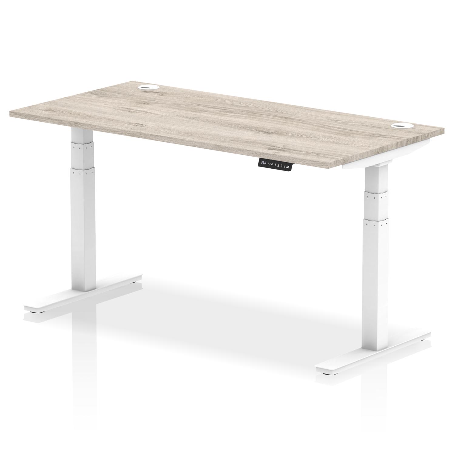 Air 1600 x 800mm Height Adjustable Office Desk Grey Oak Top Cable Ports White Leg