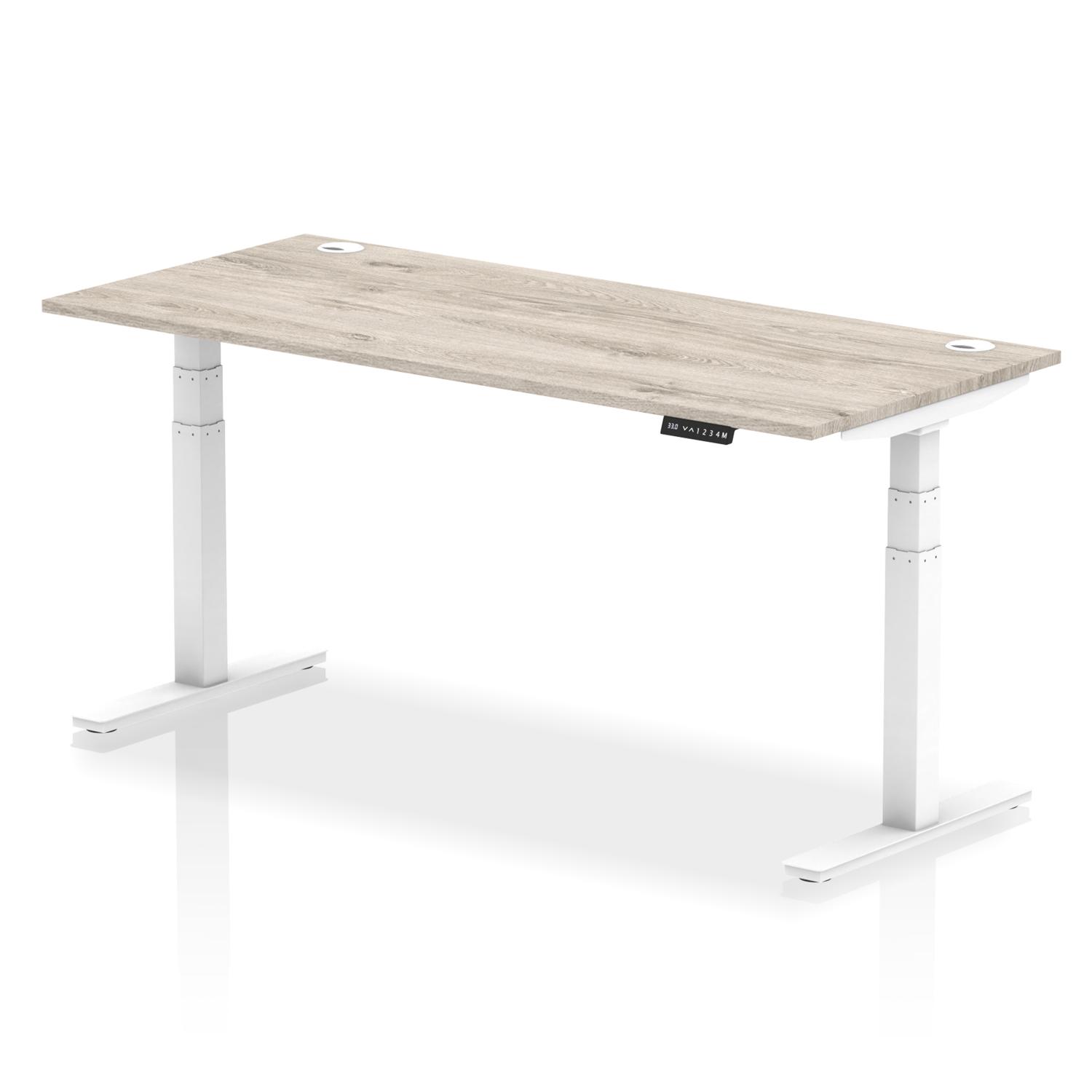 Air 1800 x 800mm Height Adjustable Office Desk Grey Oak Top Cable Ports White Leg