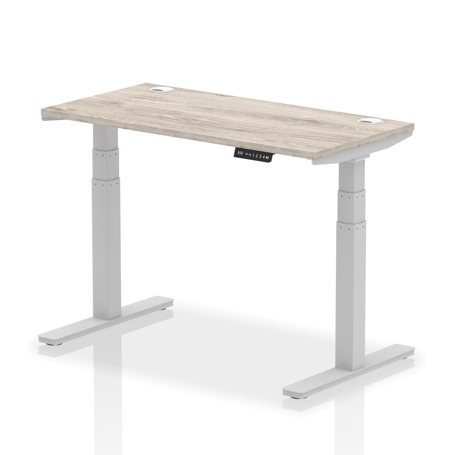 Air 1200 x 600mm Height Adjustable Office Desk Grey Oak Top Cable Ports Silver Leg