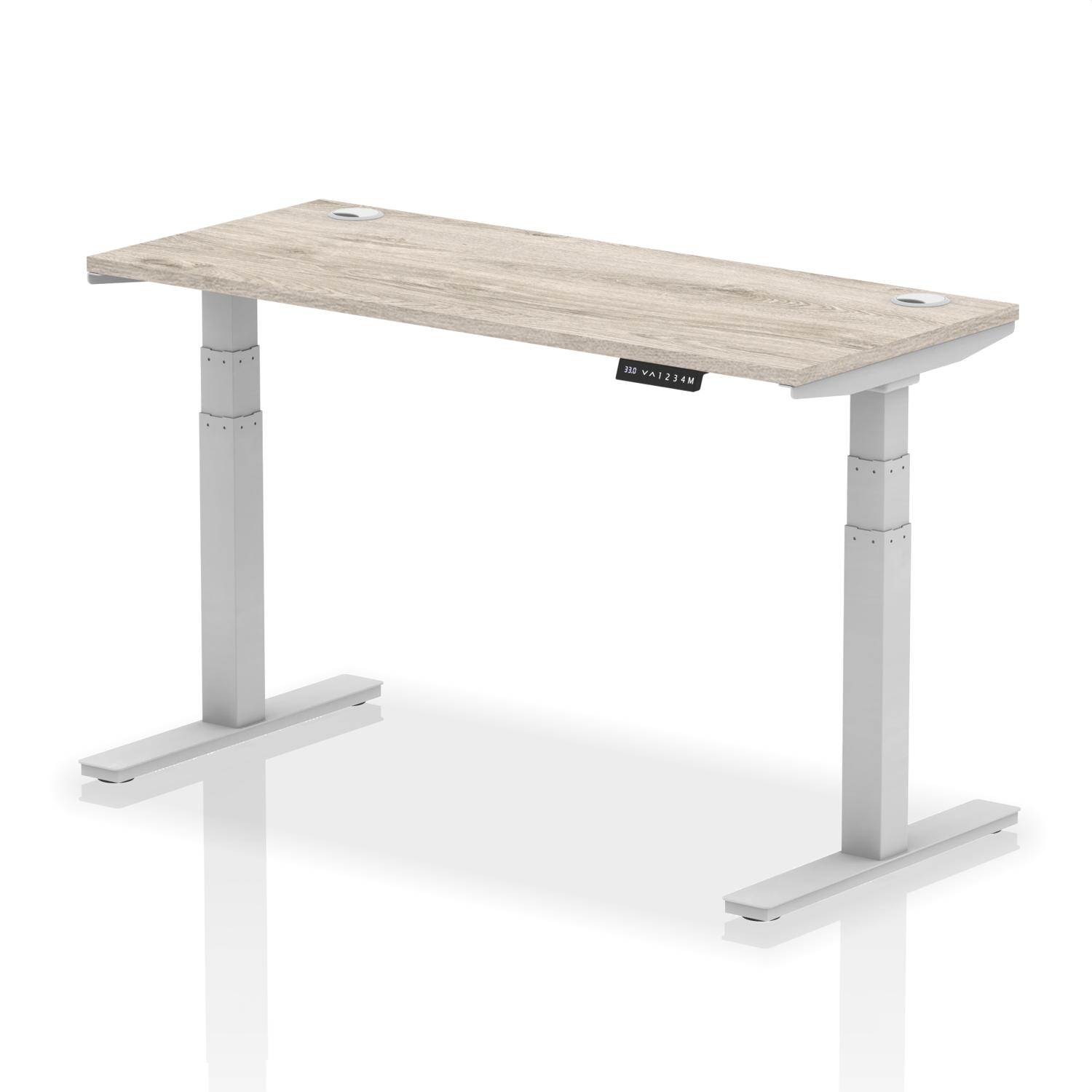 Air 1400 x 600mm Height Adjustable Office Desk Grey Oak Top Cable Ports Silver Leg