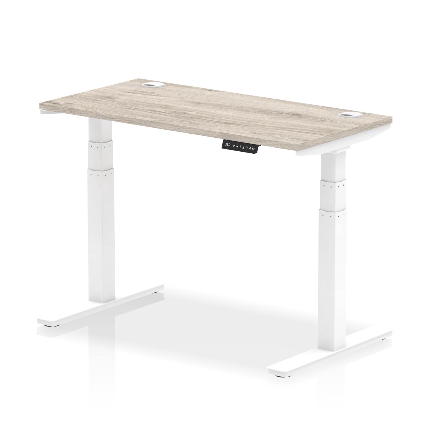 Air 1200 x 600mm Height Adjustable Office Desk Grey Oak Top Cable Ports White Leg