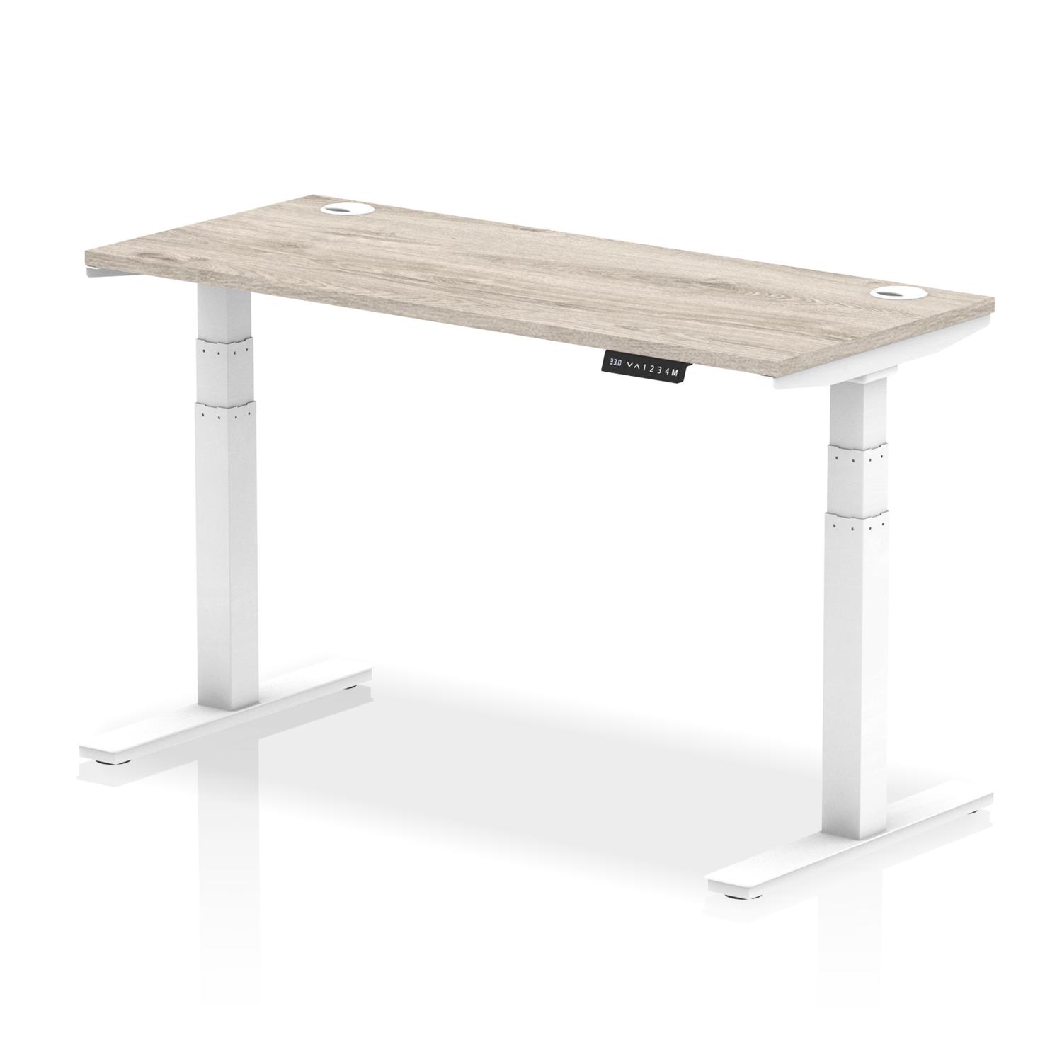 Air 1400 x 600mm Height Adjustable Office Desk Grey Oak Top Cable Ports White Leg