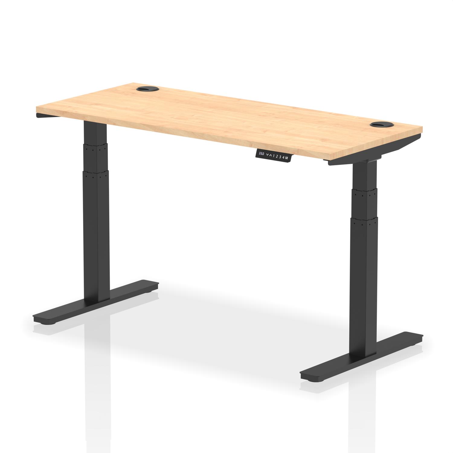 Air 1400 x 600mm Height Adjustable Office Desk Maple Top Cable Ports Black Leg