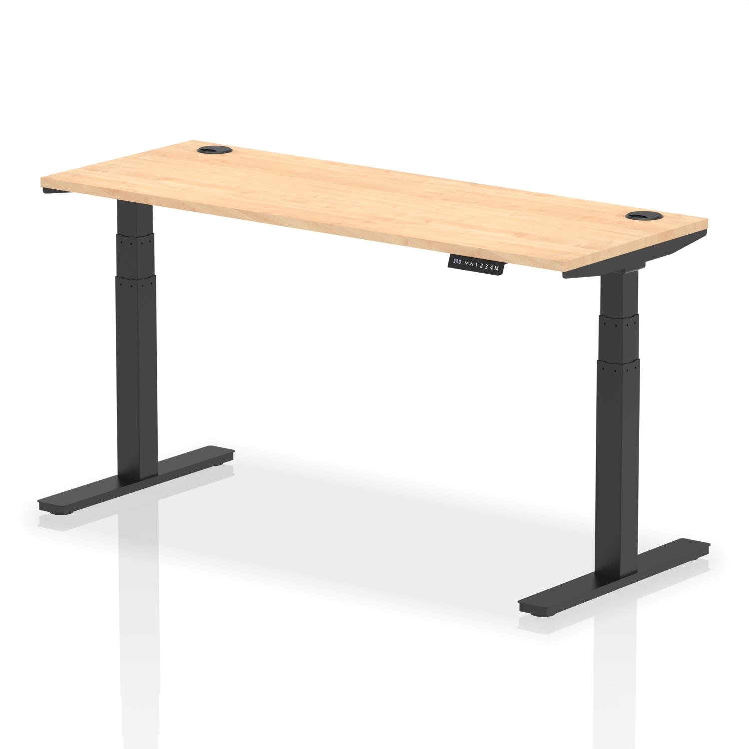 Air 1600 x 600mm Height Adjustable Office Desk Maple Top Cable Ports Black Leg