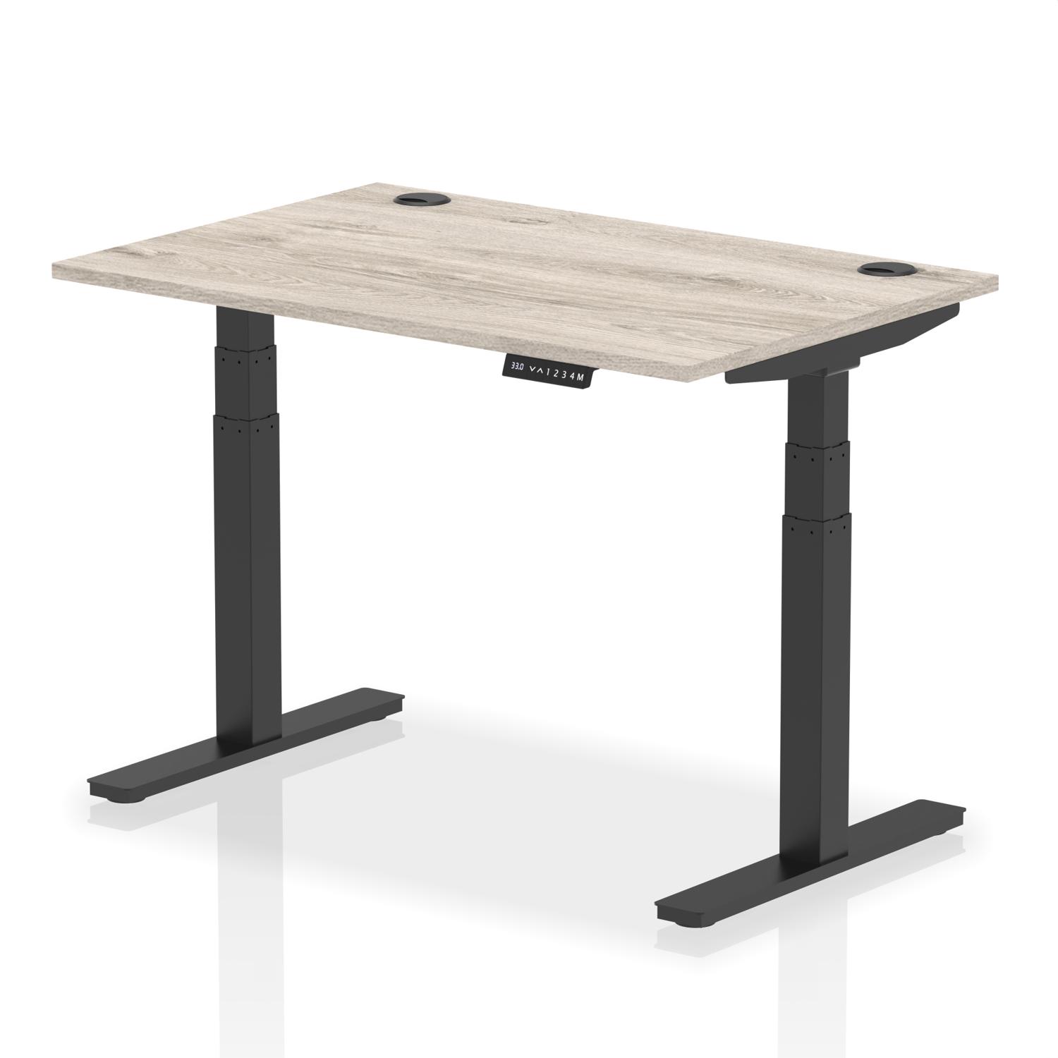 Air 1200 x 800mm Height Adjustable Office Desk Grey Oak Top Cable Ports Black Leg