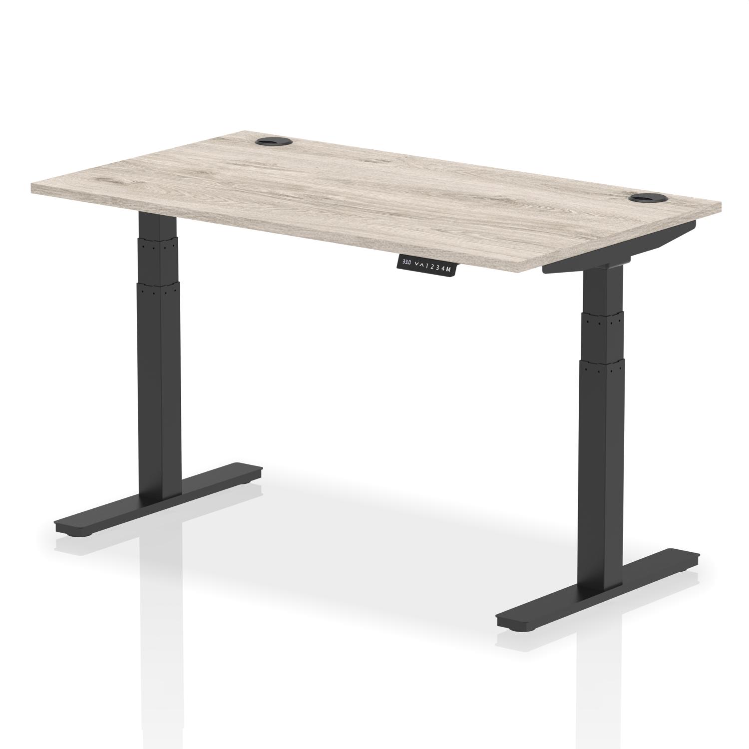 Air 1400 x 800mm Height Adjustable Office Desk Grey Oak Top Cable Ports Black Leg