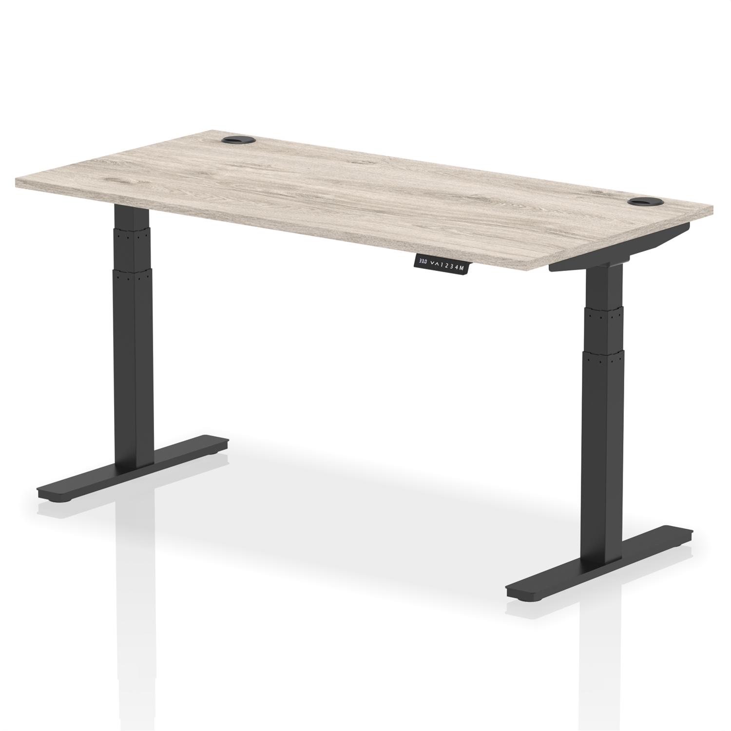 Air 1600 x 800mm Height Adjustable Office Desk Grey Oak Top Cable Ports Black Leg