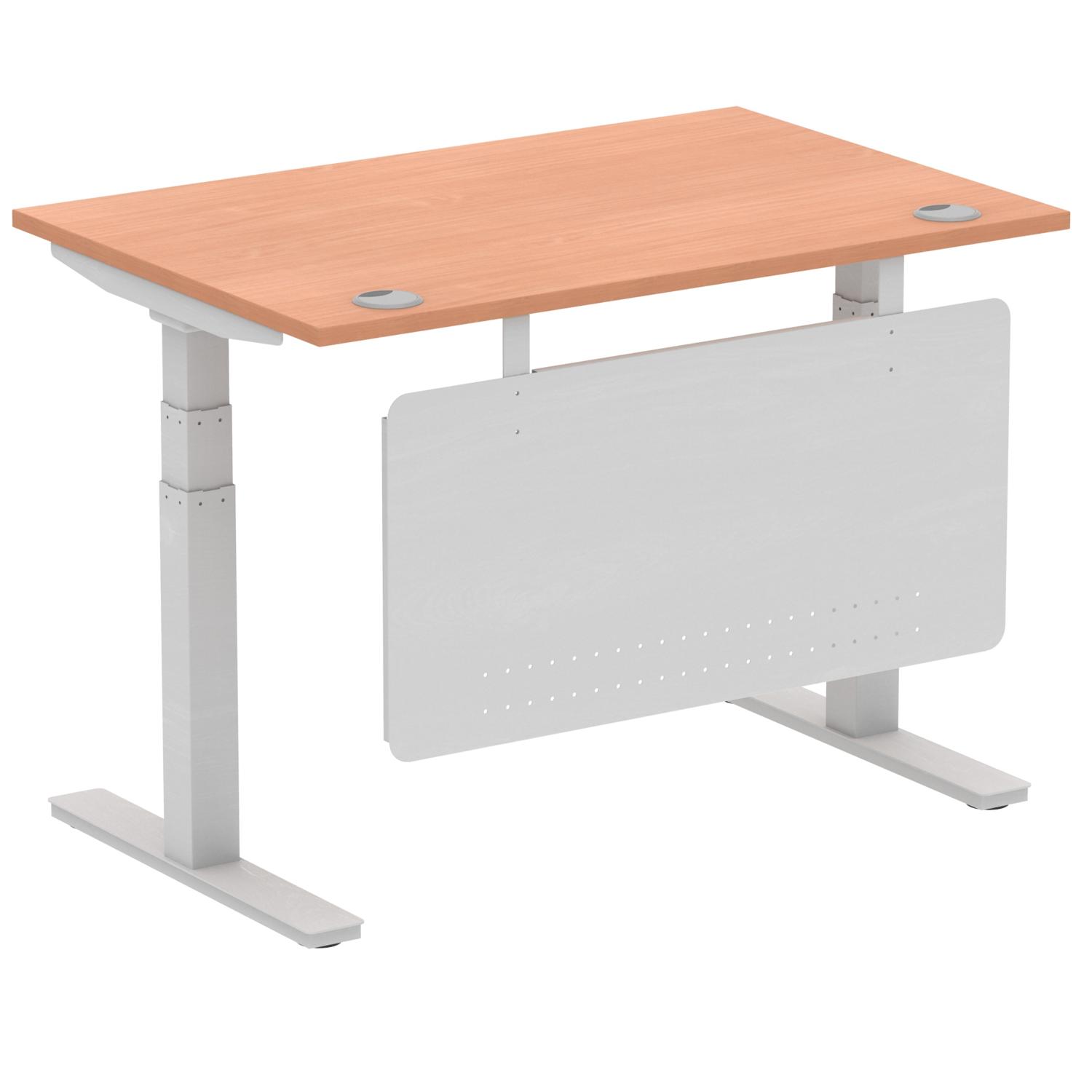 Air Modesty 1200 x 800mm Height Adjustable Office Desk Beech Top Cable Ports Silver Leg With Silver Steel Modesty Panel