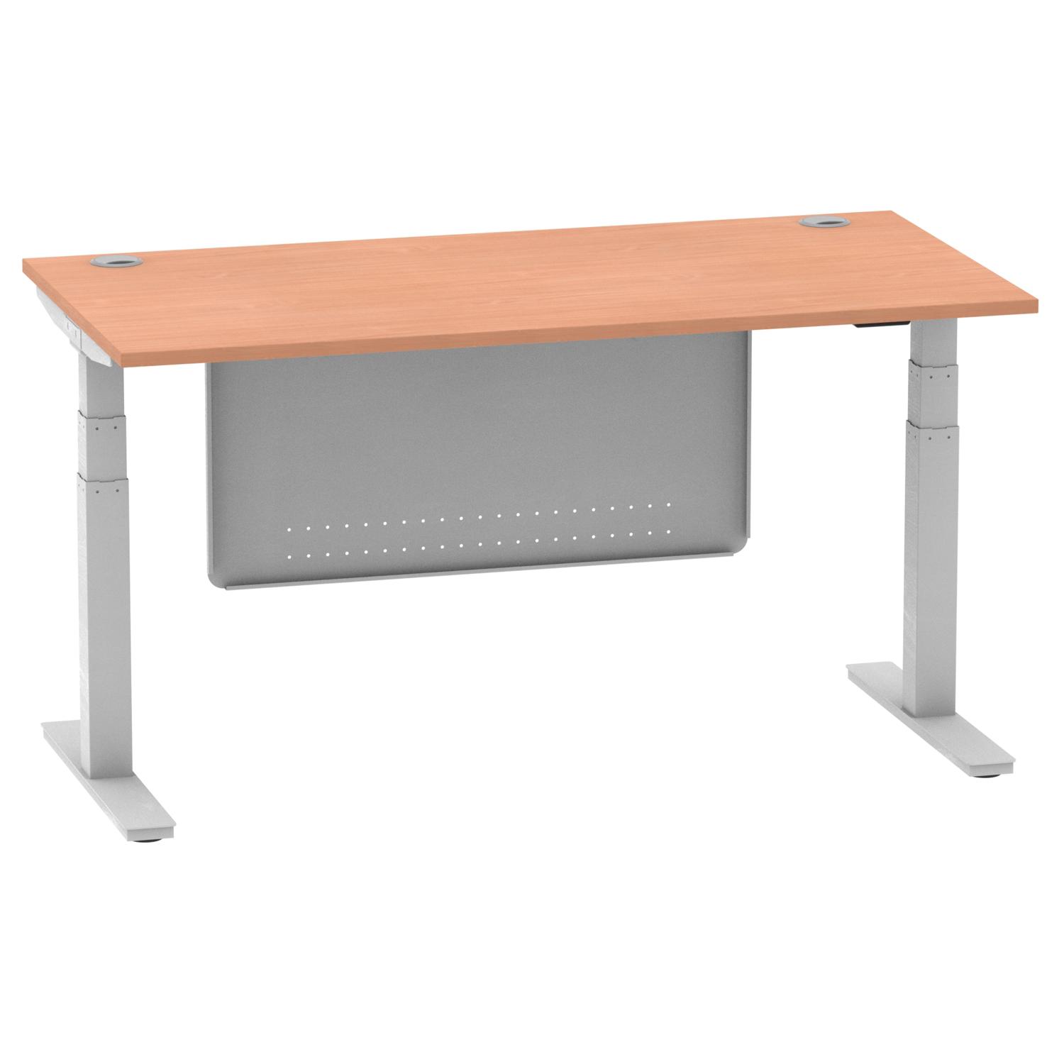 Air Modesty 1600 x 800mm Height Adjustable Office Desk Beech Top Cable Ports Silver Leg With Silver Steel Modesty Panel
