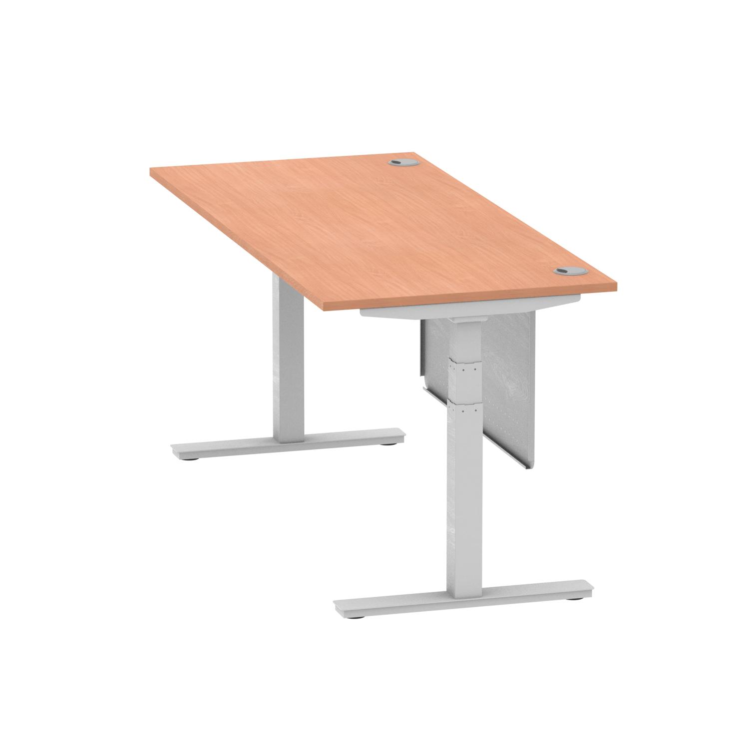 Air Modesty 1800 x 800mm Height Adjustable Office Desk Beech Top Cable Ports Silver Leg With Silver Steel Modesty Panel