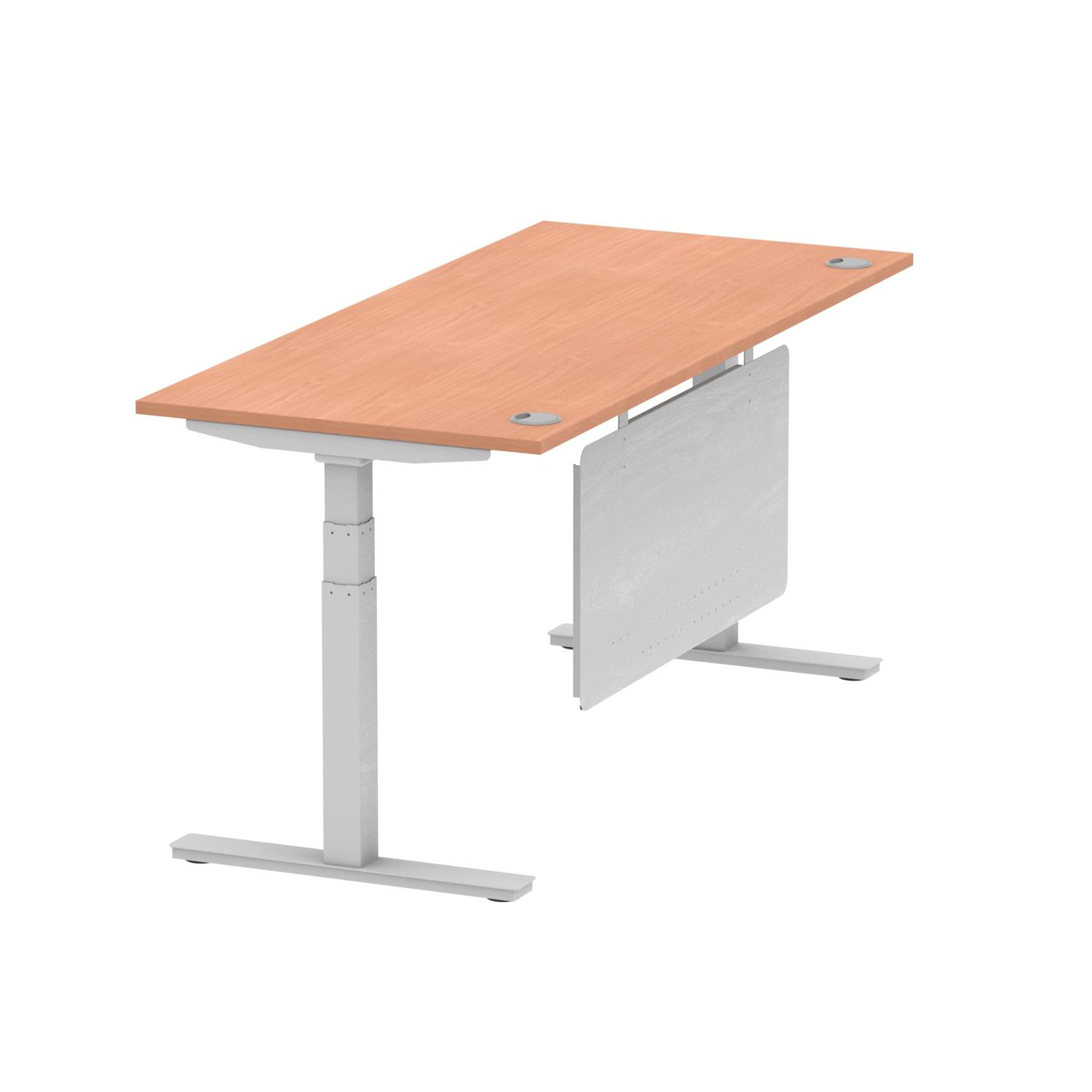 Air Modesty 1800 x 800mm Height Adjustable Office Desk Beech Top Cable Ports Silver Leg With Silver Steel Modesty Panel