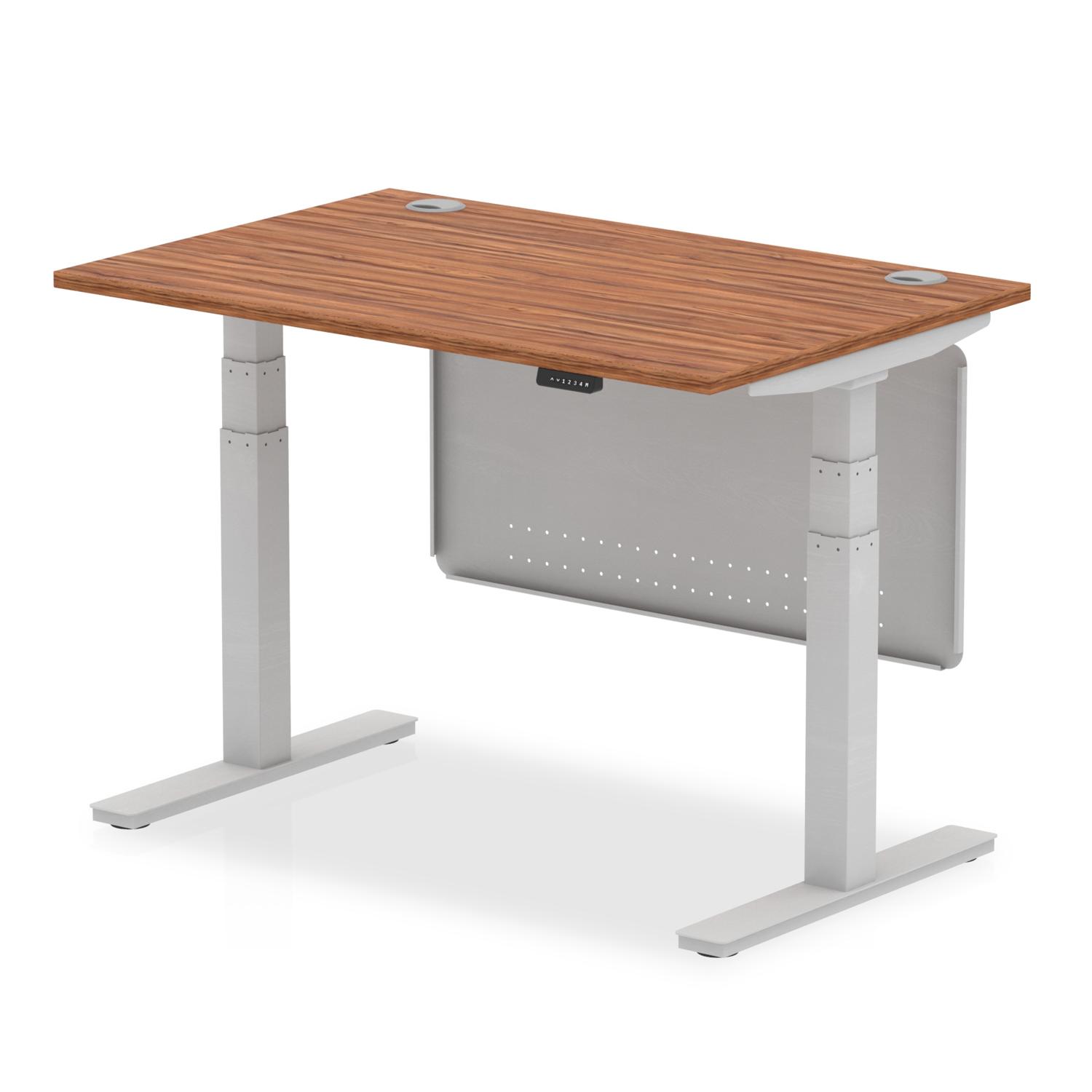 Air Modesty 1200 x 800mm Height Adjustable Office Desk Walnut Top Cable Ports Silver Leg With Silver Steel Modesty Panel