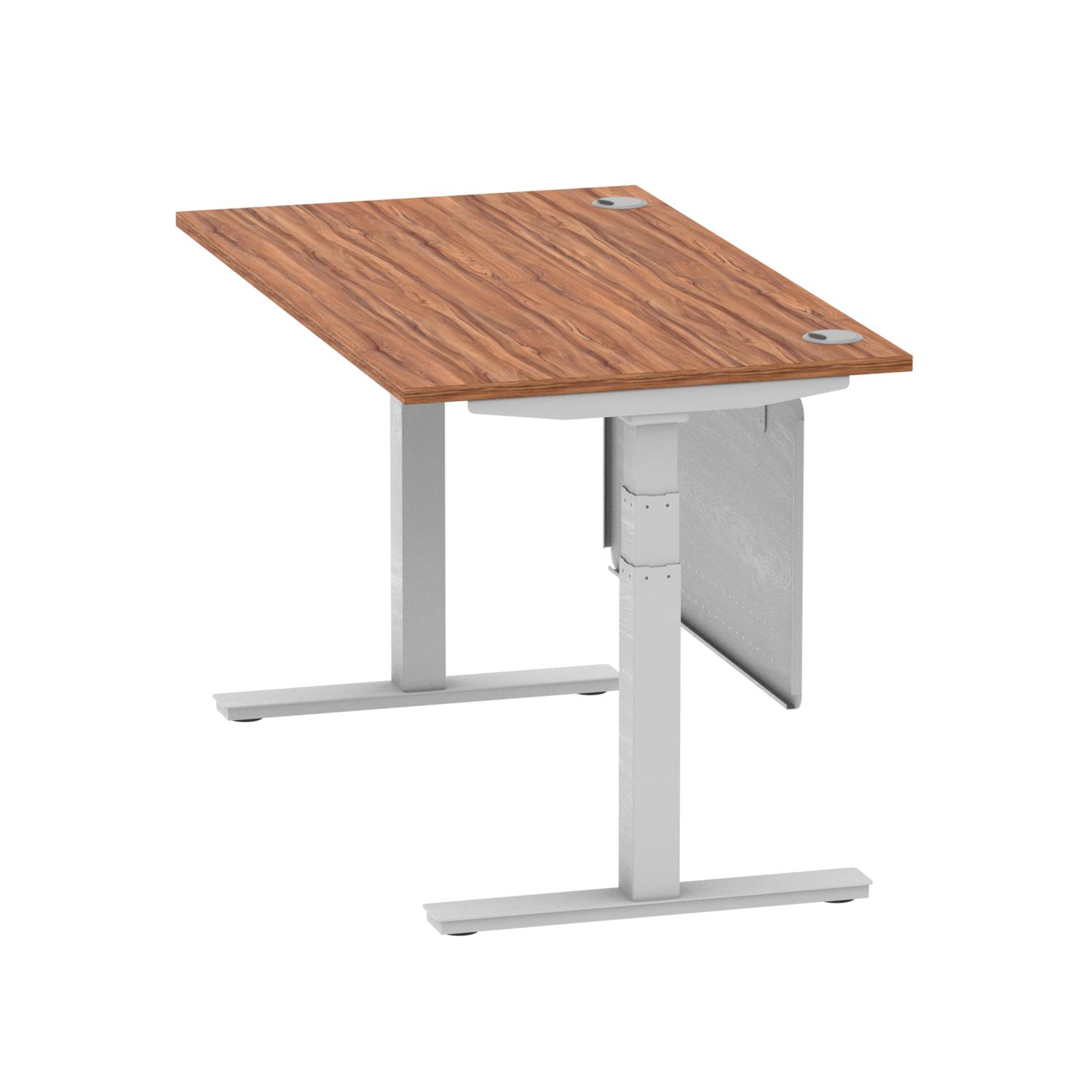 Air Modesty 1400 x 800mm Height Adjustable Office Desk Walnut Top Cable Ports Silver Leg With Silver Steel Modesty Panel