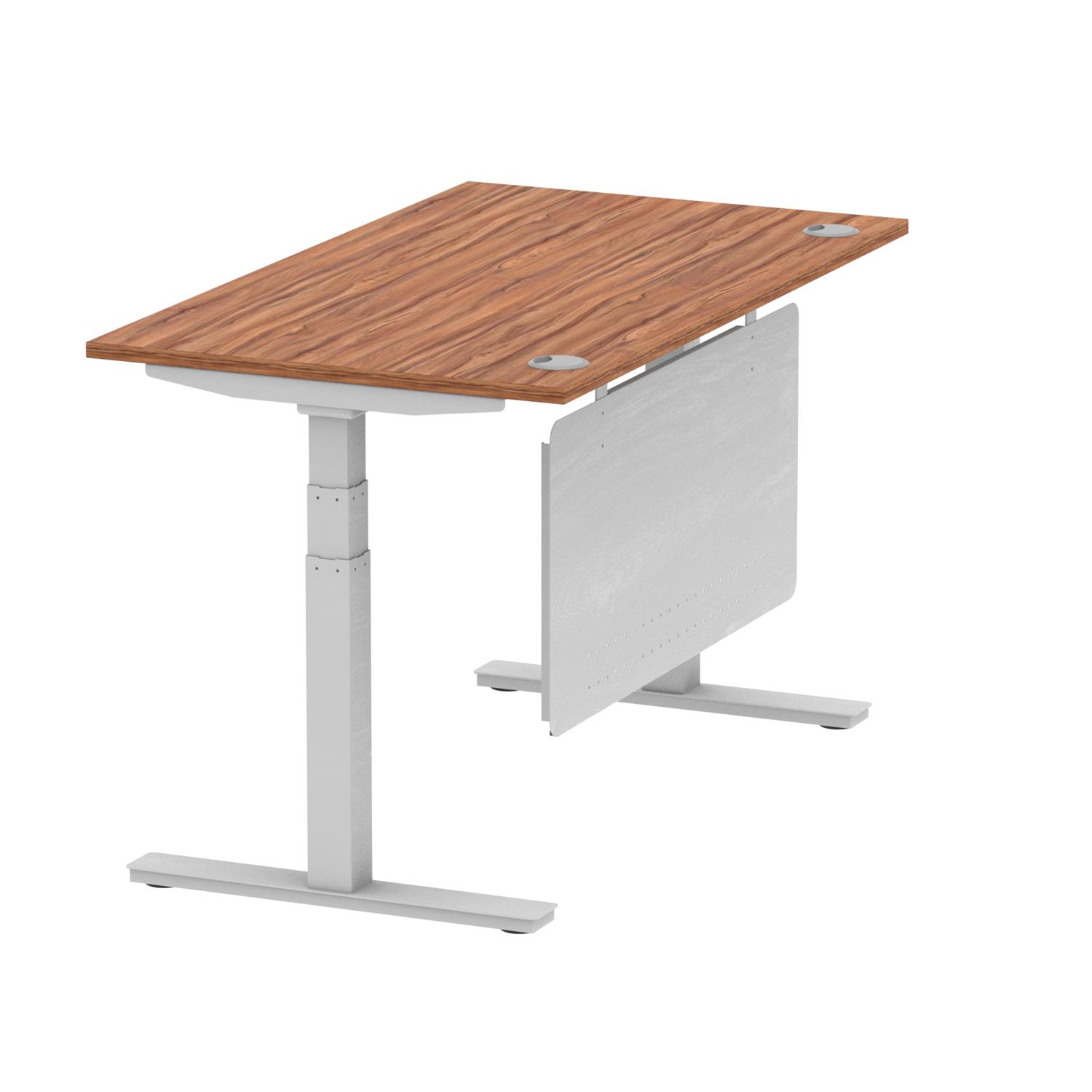 Air Modesty 1400 x 800mm Height Adjustable Office Desk Walnut Top Cable Ports Silver Leg With Silver Steel Modesty Panel