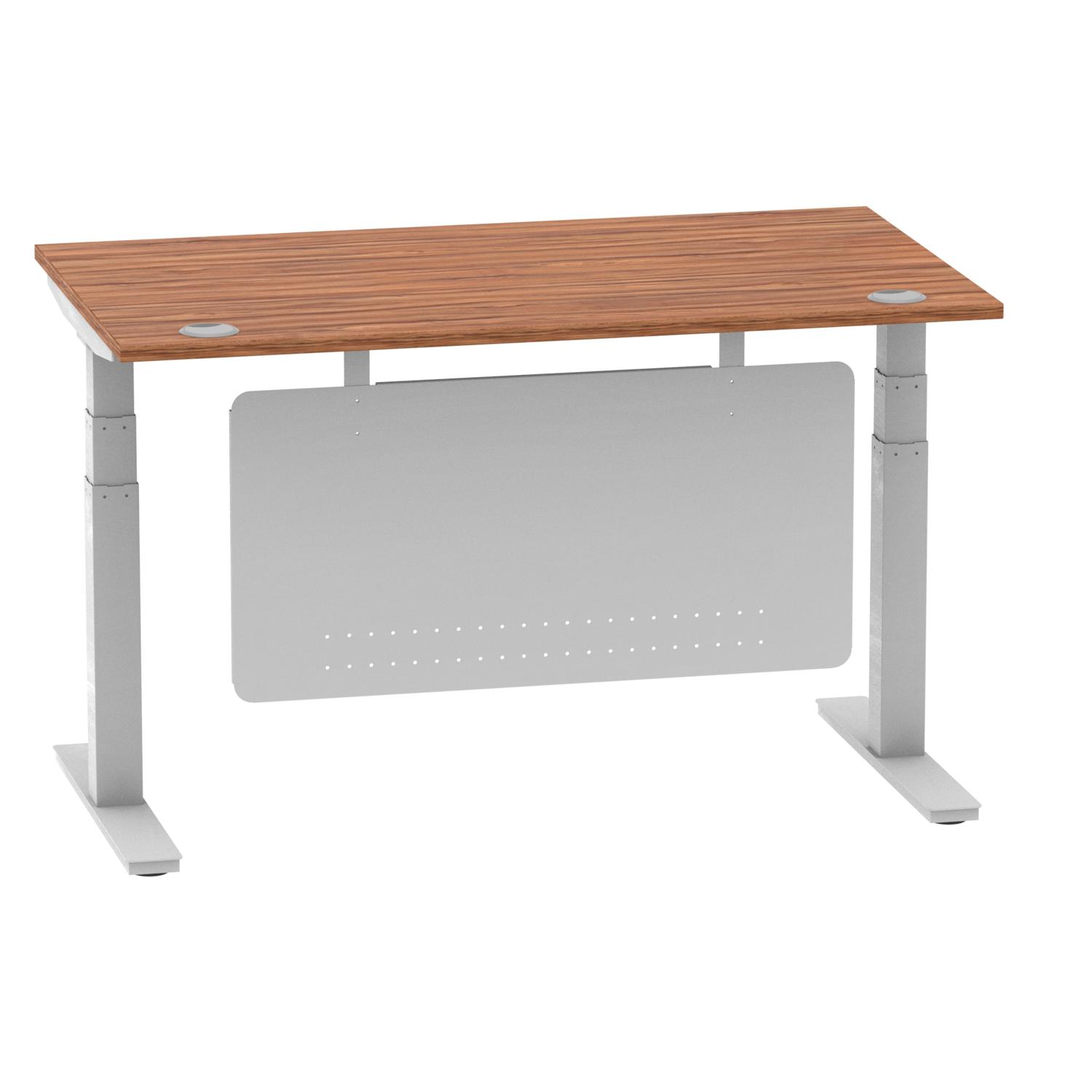 Air Modesty 1400 x 800mm Height Adjustable Office Desk Walnut Top Cable Ports Silver Leg With Silver Steel Modesty Panel
