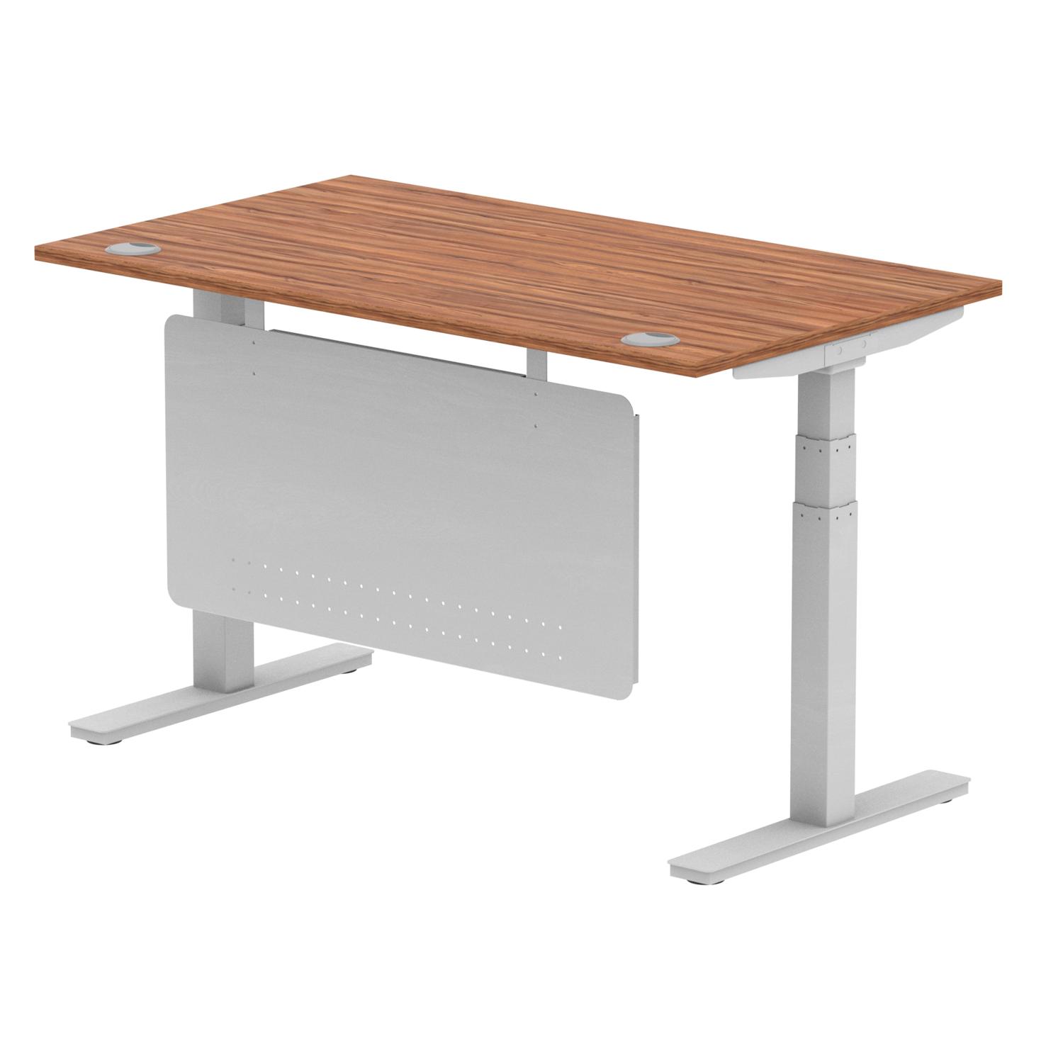 Air Modesty 1400 x 800mm Height Adjustable Office Desk Walnut Top Cable Ports Silver Leg With Silver Steel Modesty Panel