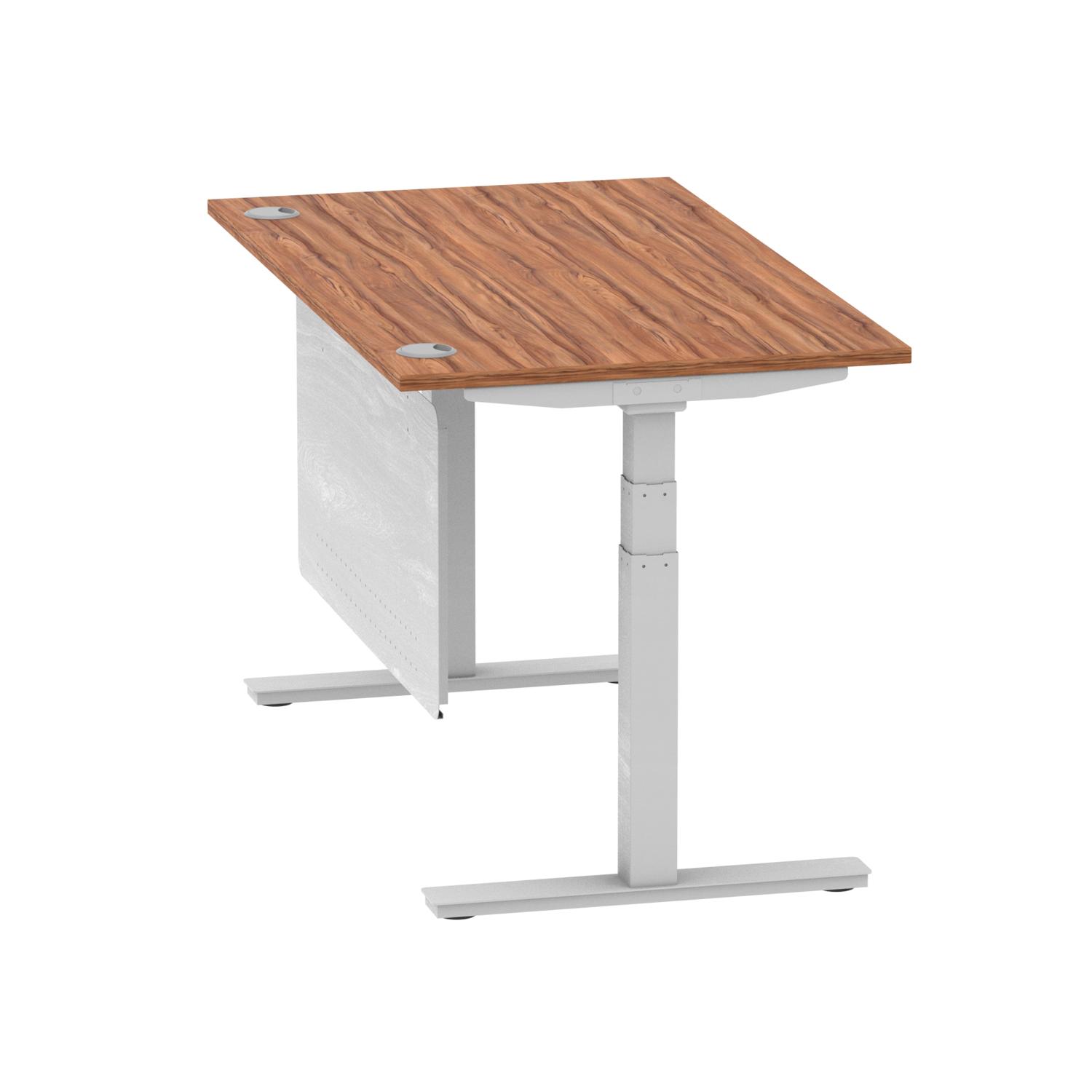 Air Modesty 1400 x 800mm Height Adjustable Office Desk Walnut Top Cable Ports Silver Leg With Silver Steel Modesty Panel