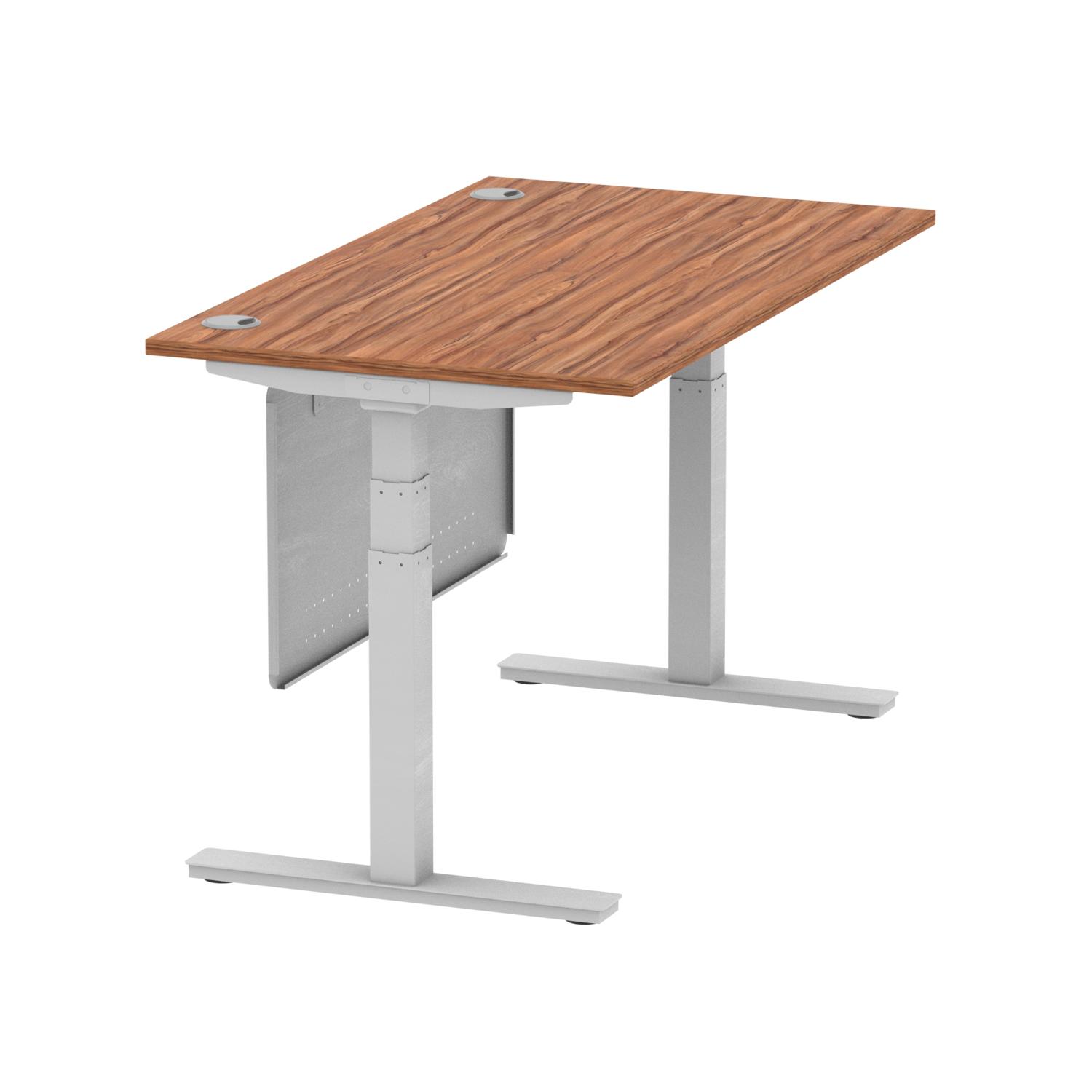 Air Modesty 1400 x 800mm Height Adjustable Office Desk Walnut Top Cable Ports Silver Leg With Silver Steel Modesty Panel