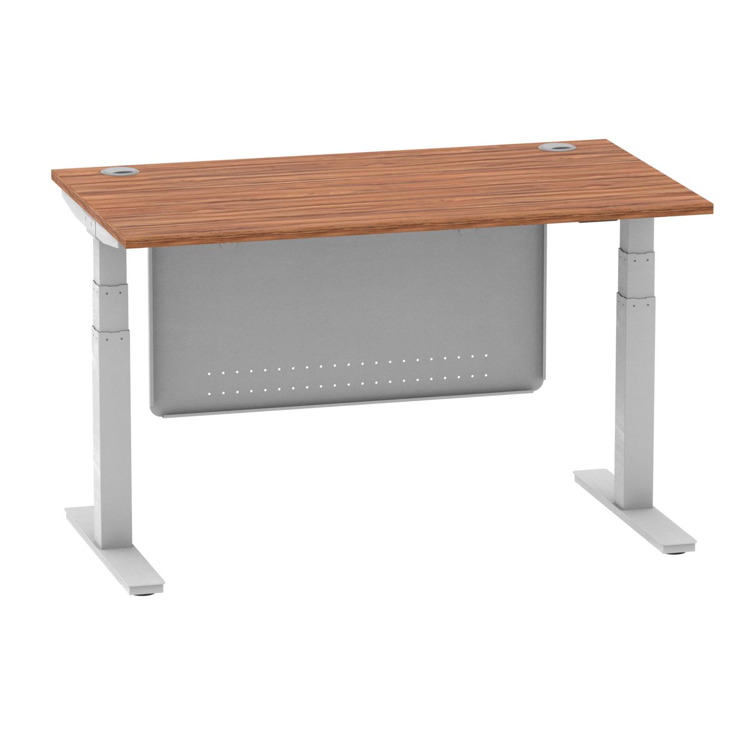 Air Modesty 1400 x 800mm Height Adjustable Office Desk Walnut Top Cable Ports Silver Leg With Silver Steel Modesty Panel