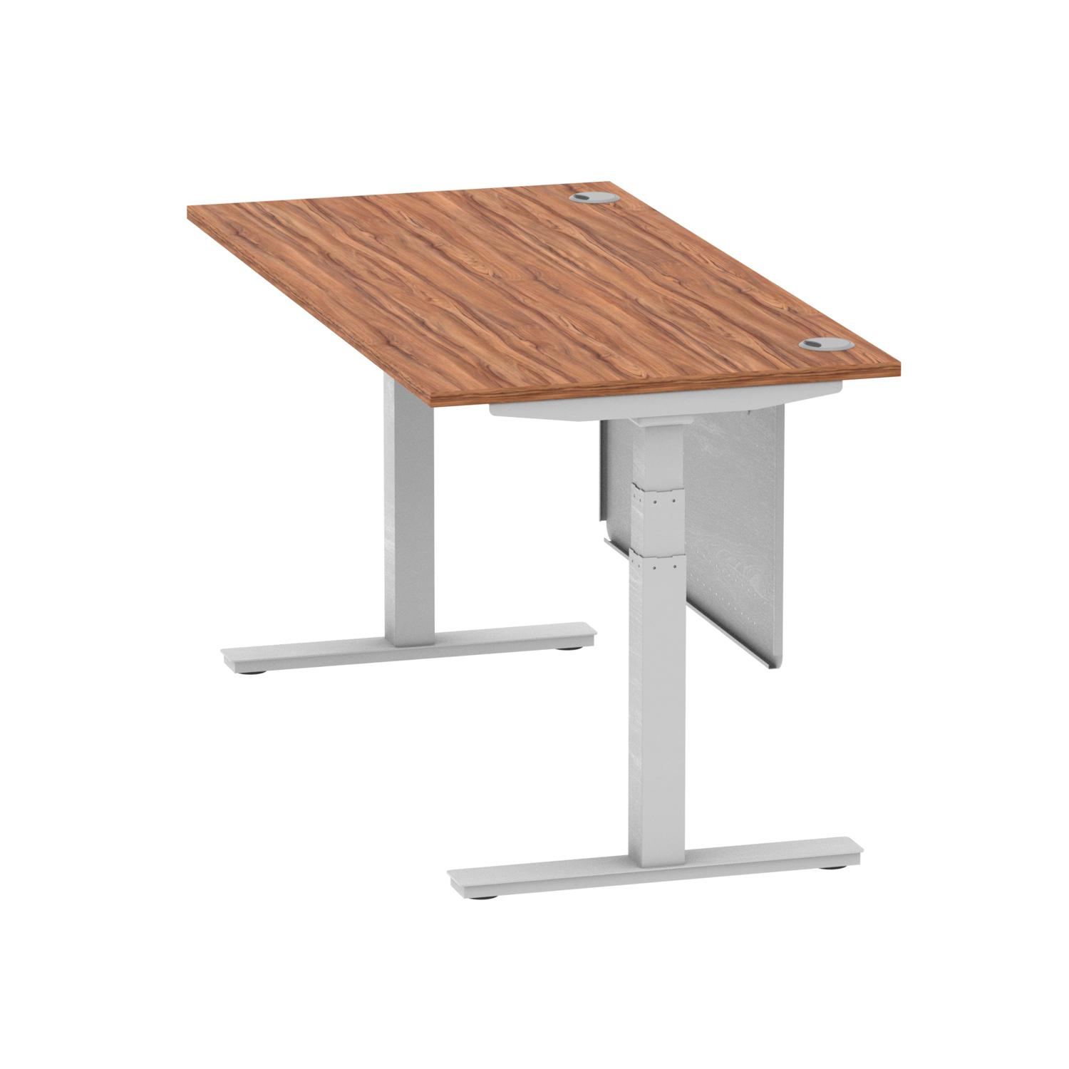 Air Modesty 1600 x 800mm Height Adjustable Office Desk Walnut Top Cable Ports Silver Leg With Silver Steel Modesty Panel