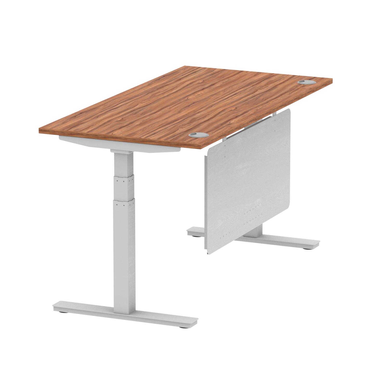Air Modesty 1600 x 800mm Height Adjustable Office Desk Walnut Top Cable Ports Silver Leg With Silver Steel Modesty Panel