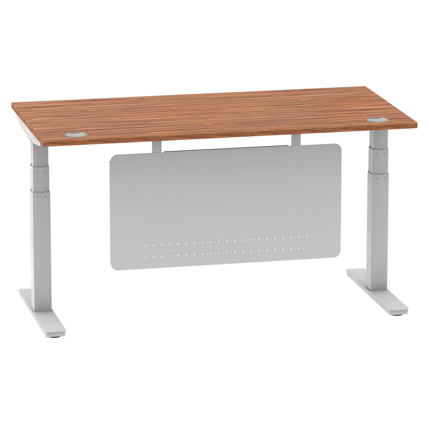 Air Modesty 1600 x 800mm Height Adjustable Office Desk Walnut Top Cable Ports Silver Leg With Silver Steel Modesty Panel