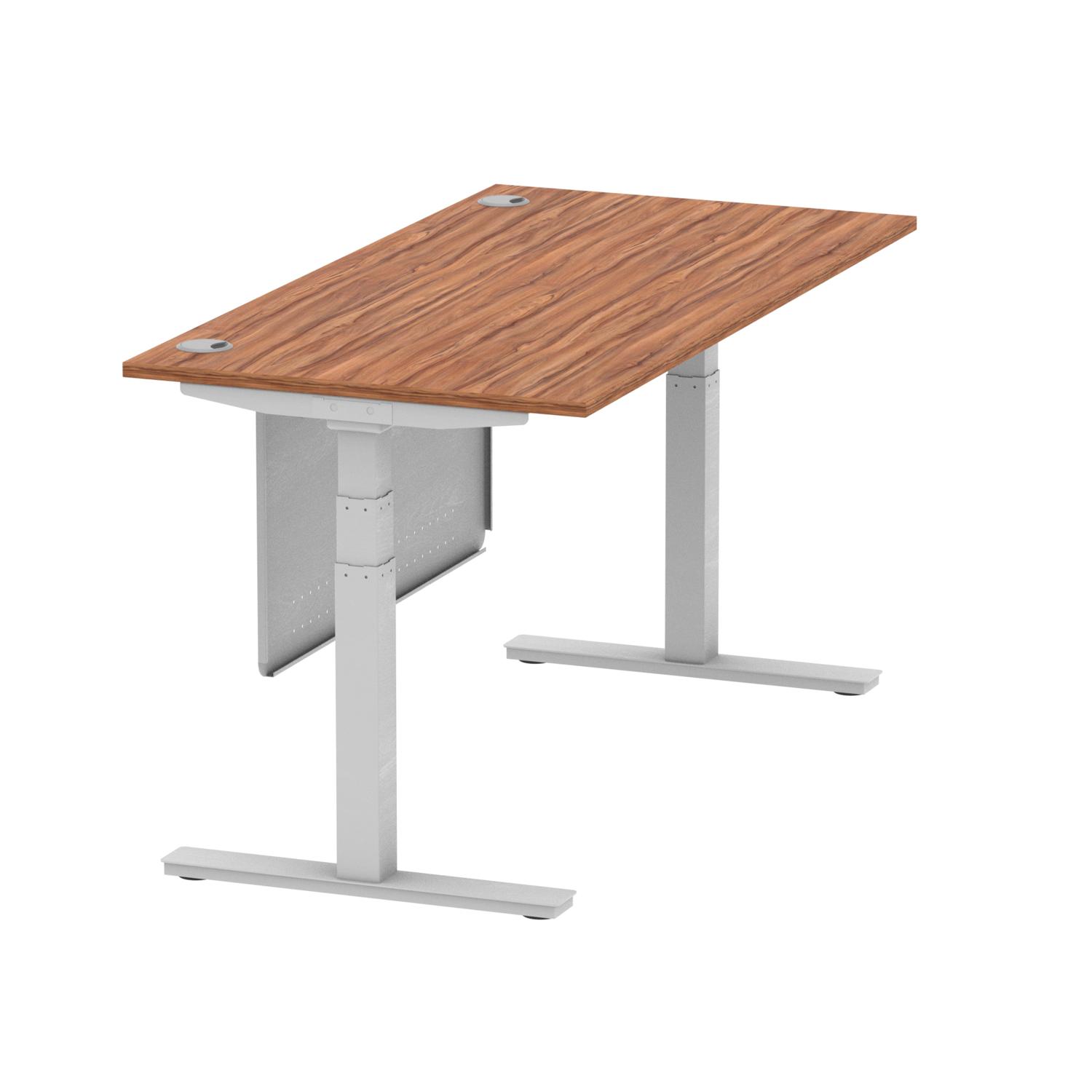 Air Modesty 1600 x 800mm Height Adjustable Office Desk Walnut Top Cable Ports Silver Leg With Silver Steel Modesty Panel