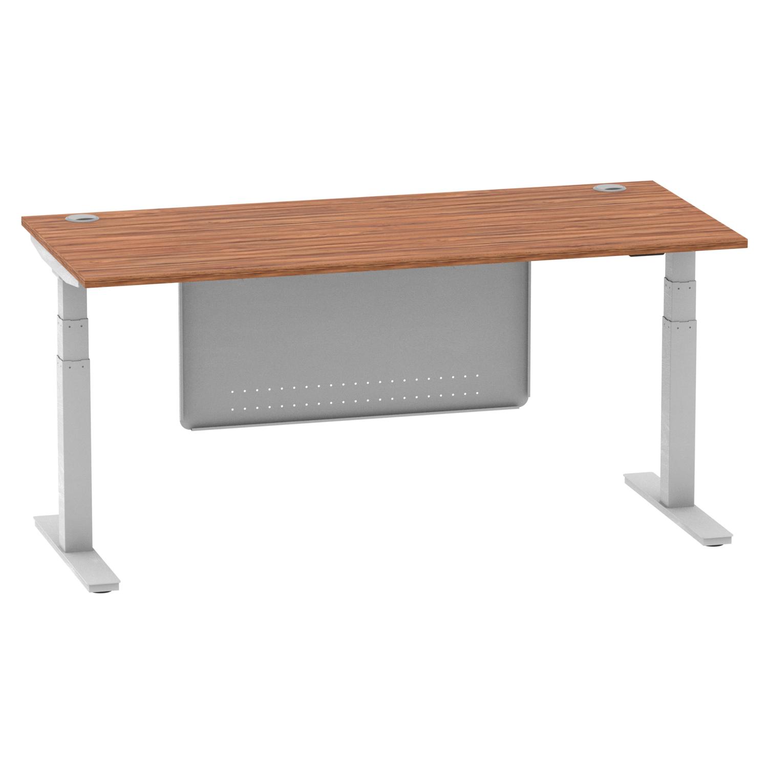 Air Modesty 1800 x 800mm Height Adjustable Office Desk Walnut Top Cable Ports Silver Leg With Silver Steel Modesty Panel