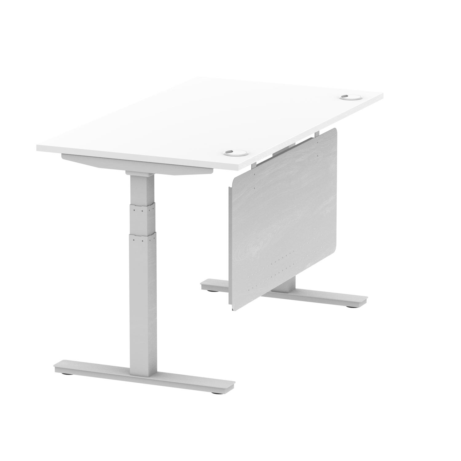 Air Modesty 1400 x 800mm Height Adjustable Office Desk White Top Cable Ports Silver Leg With Silver Steel Modesty Panel