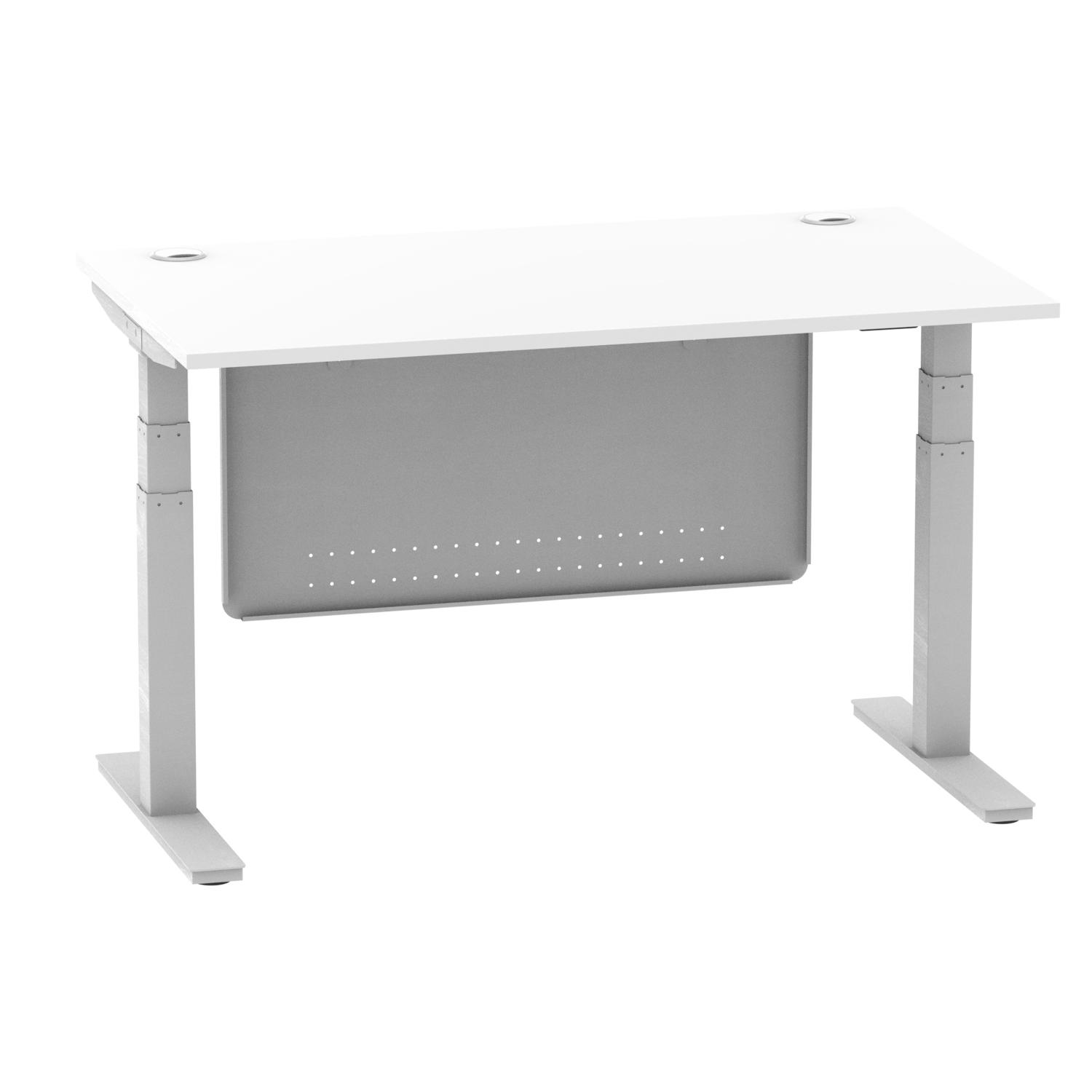 Air Modesty 1400 x 800mm Height Adjustable Office Desk White Top Cable Ports Silver Leg With Silver Steel Modesty Panel