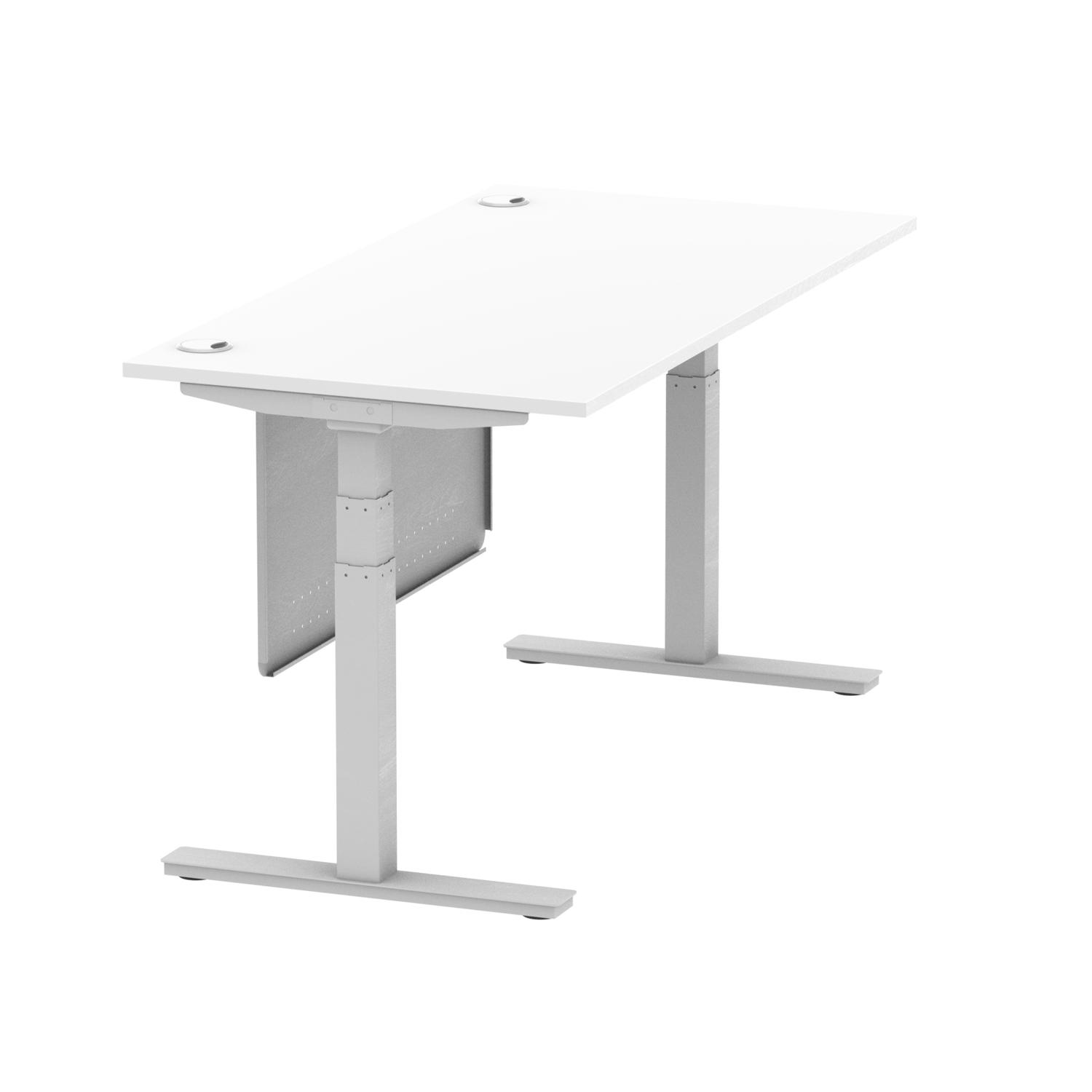 Air Modesty 1600 x 800mm Height Adjustable Office Desk White Top Cable Ports Silver Leg With Silver Steel Modesty Panel