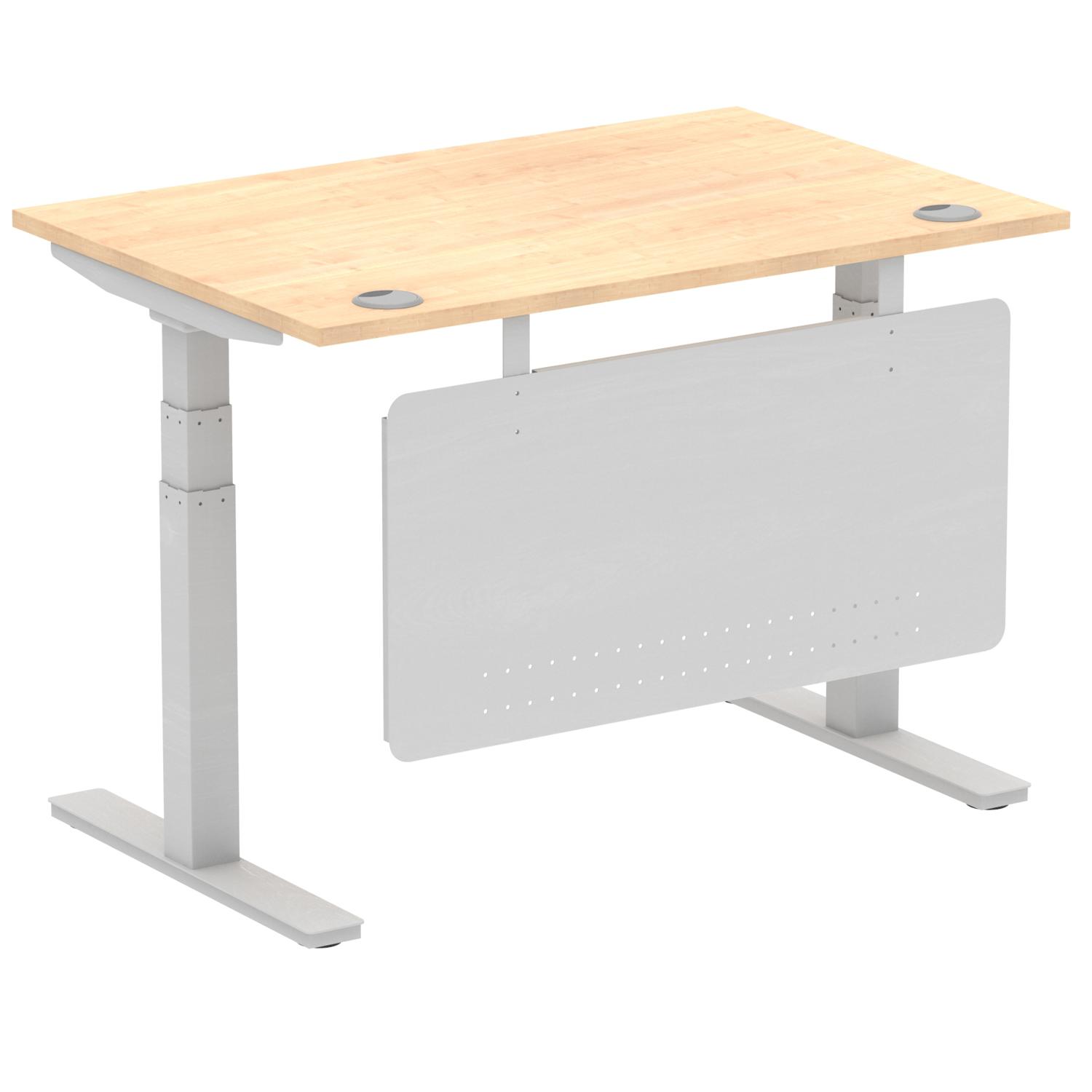 Air Modesty 1200 x 800mm Height Adjustable Office Desk Maple Top Cable Ports Silver Leg With Silver Steel Modesty Panel