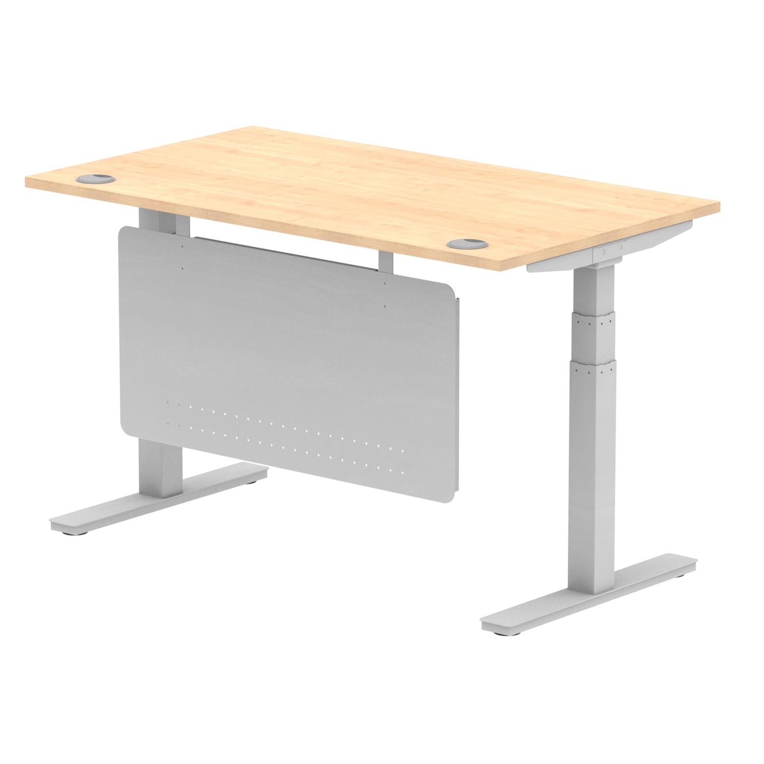Air Modesty 1400 x 800mm Height Adjustable Office Desk Maple Top Cable Ports Silver Leg With Silver Steel Modesty Panel
