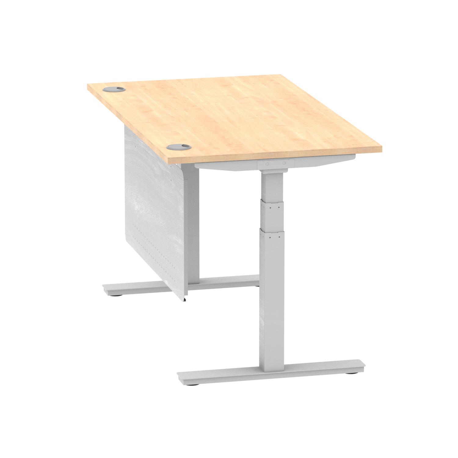 Air Modesty 1400 x 800mm Height Adjustable Office Desk Maple Top Cable Ports Silver Leg With Silver Steel Modesty Panel