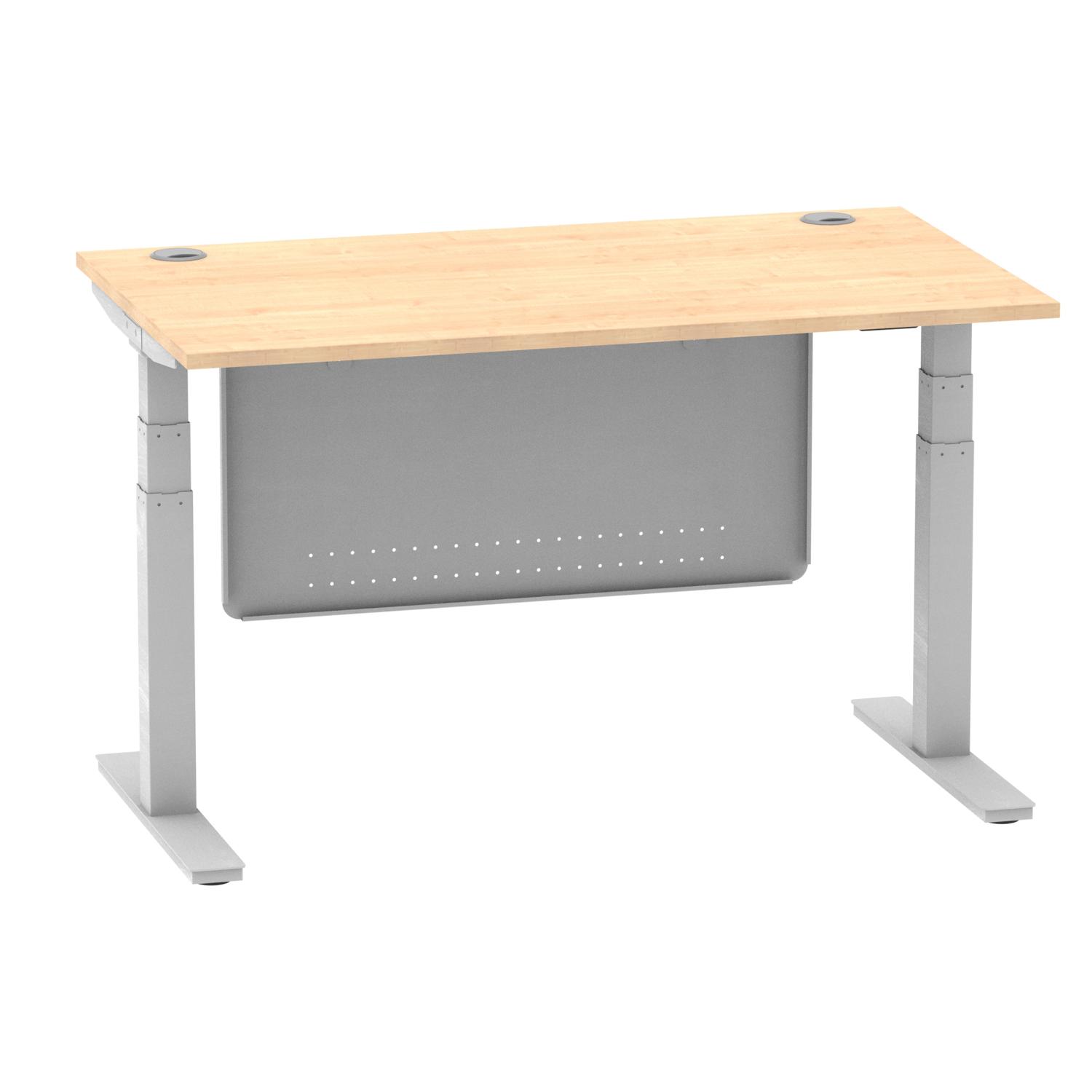 Air Modesty 1400 x 800mm Height Adjustable Office Desk Maple Top Cable Ports Silver Leg With Silver Steel Modesty Panel