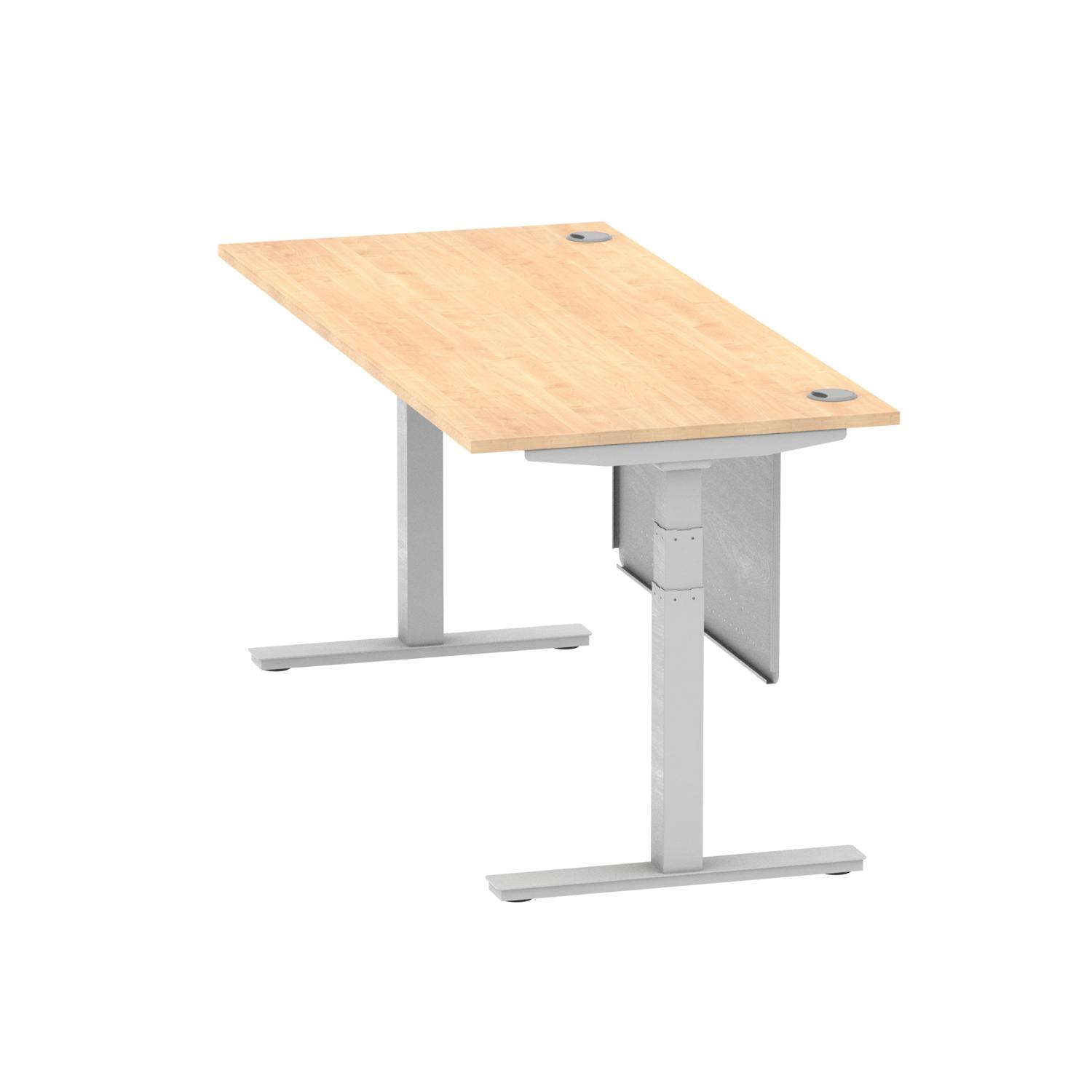 Air Modesty 1800 x 800mm Height Adjustable Office Desk Maple Top Cable Ports Silver Leg With Silver Steel Modesty Panel