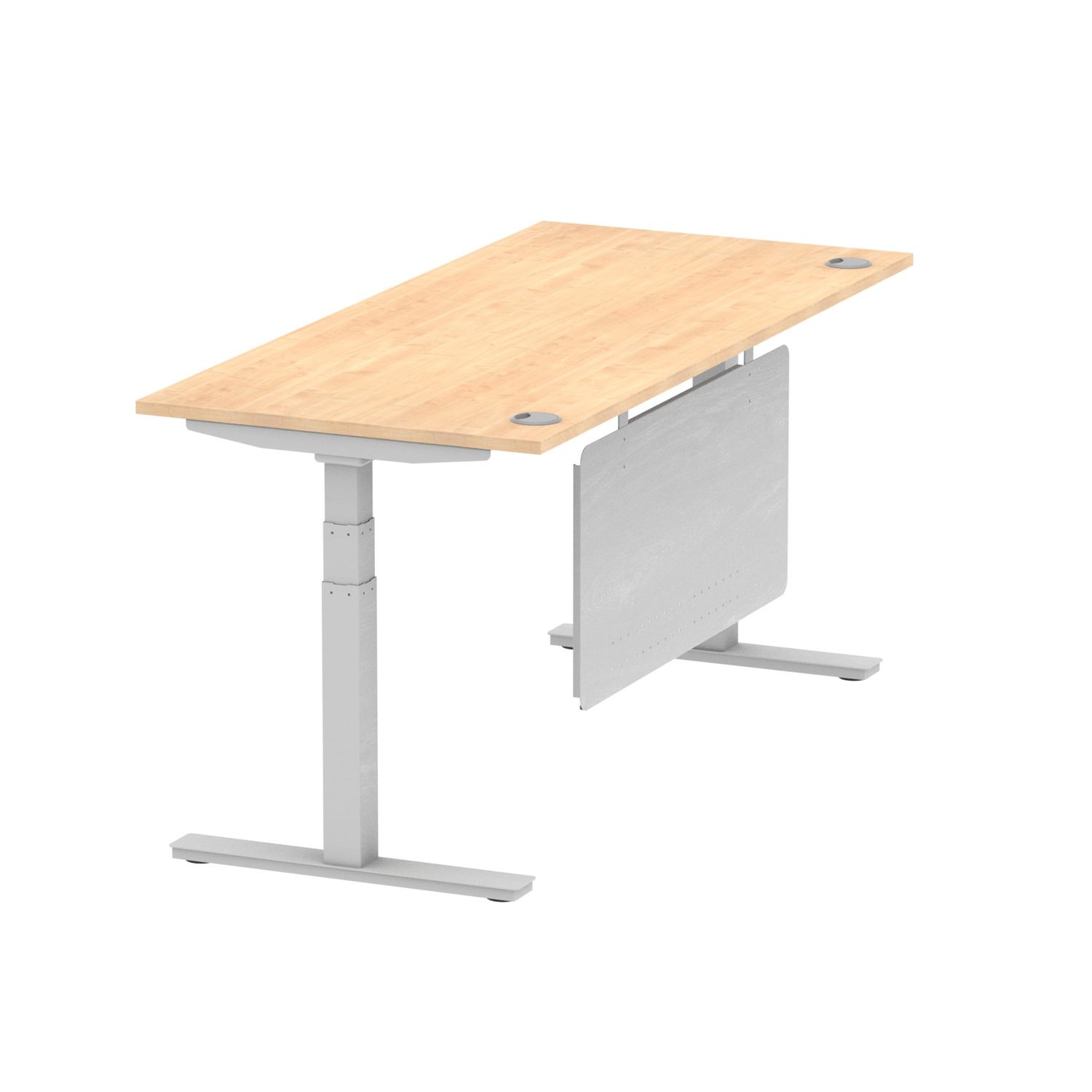 Air Modesty 1800 x 800mm Height Adjustable Office Desk Maple Top Cable Ports Silver Leg With Silver Steel Modesty Panel