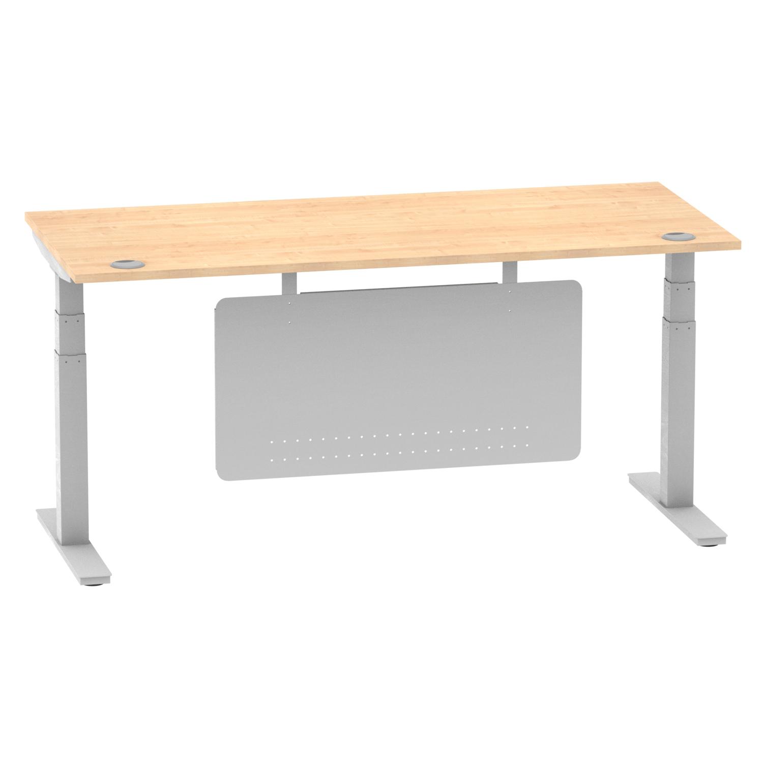 Air Modesty 1800 x 800mm Height Adjustable Office Desk Maple Top Cable Ports Silver Leg With Silver Steel Modesty Panel