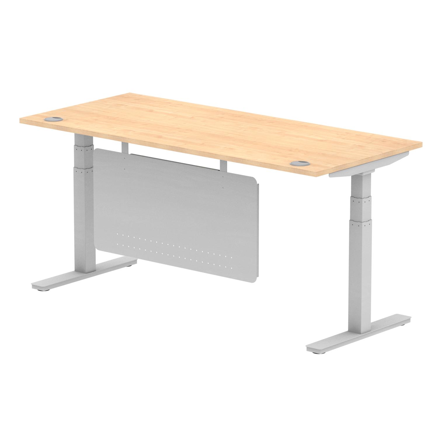 Air Modesty 1800 x 800mm Height Adjustable Office Desk Maple Top Cable Ports Silver Leg With Silver Steel Modesty Panel