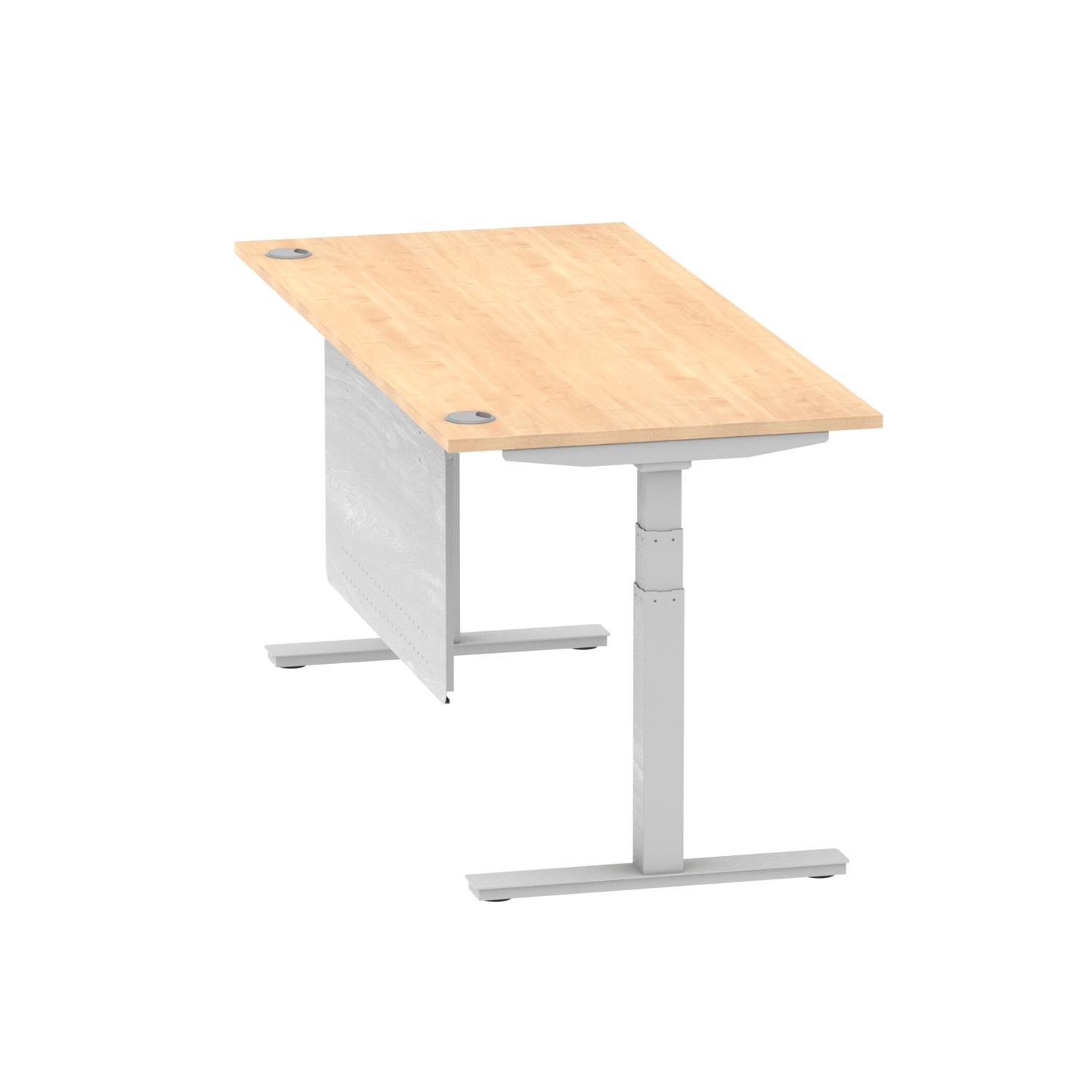 Air Modesty 1800 x 800mm Height Adjustable Office Desk Maple Top Cable Ports Silver Leg With Silver Steel Modesty Panel