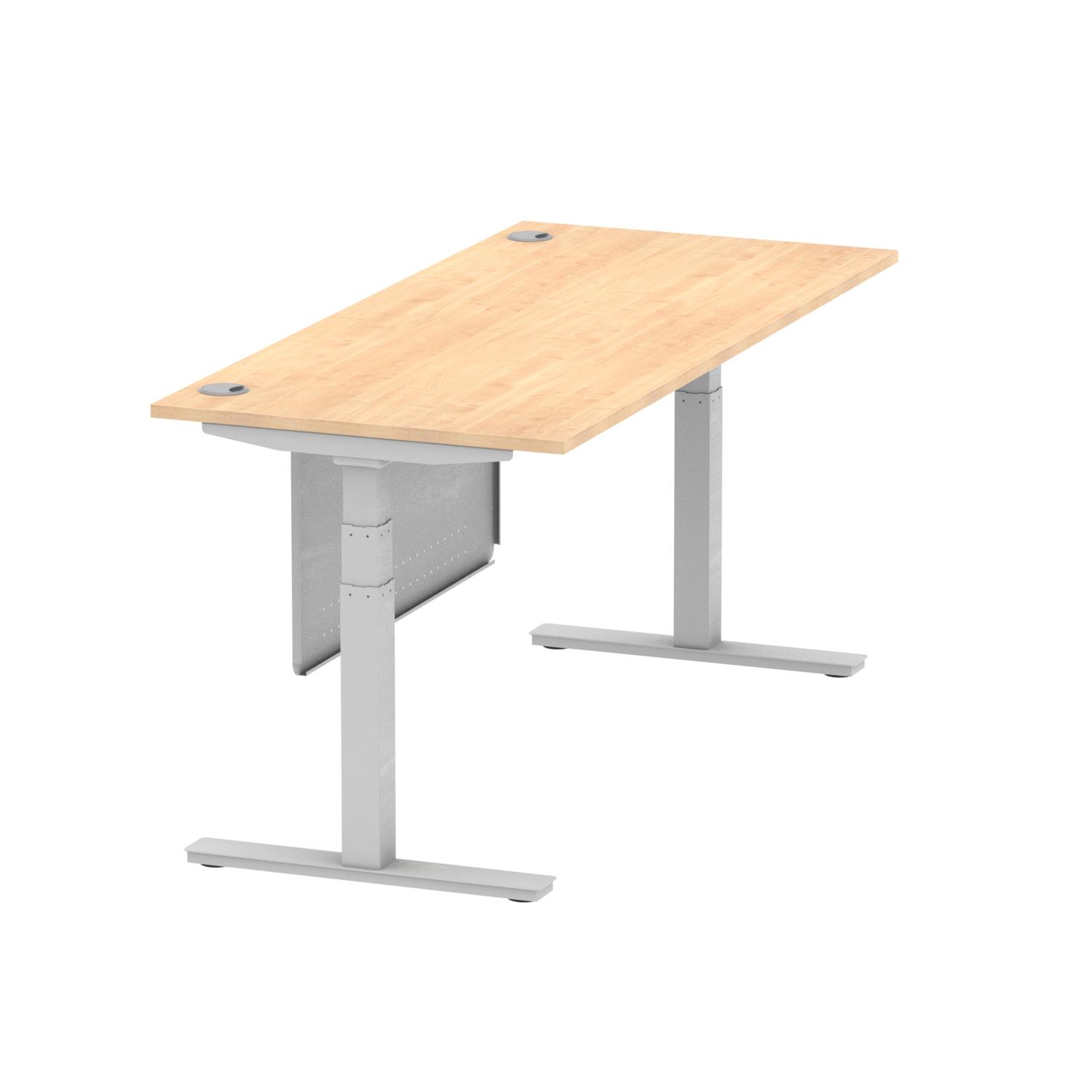 Air Modesty 1800 x 800mm Height Adjustable Office Desk Maple Top Cable Ports Silver Leg With Silver Steel Modesty Panel